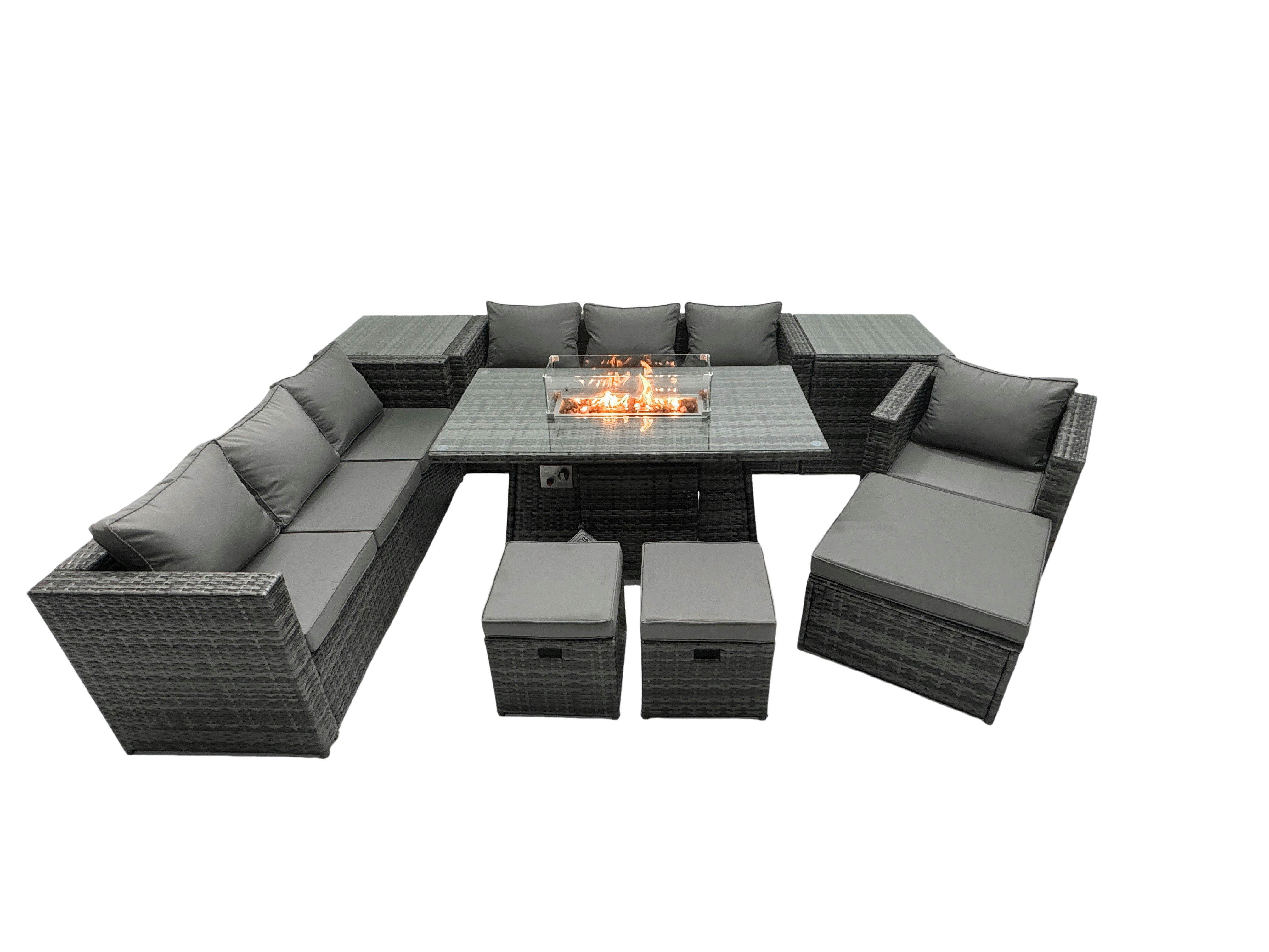 Rackhams Dark/Grey Rattan Garden Furniture Firepit Dining Set Seater Lounge Sofa Table Set With 2 Side Table 3 Footstool Size 10