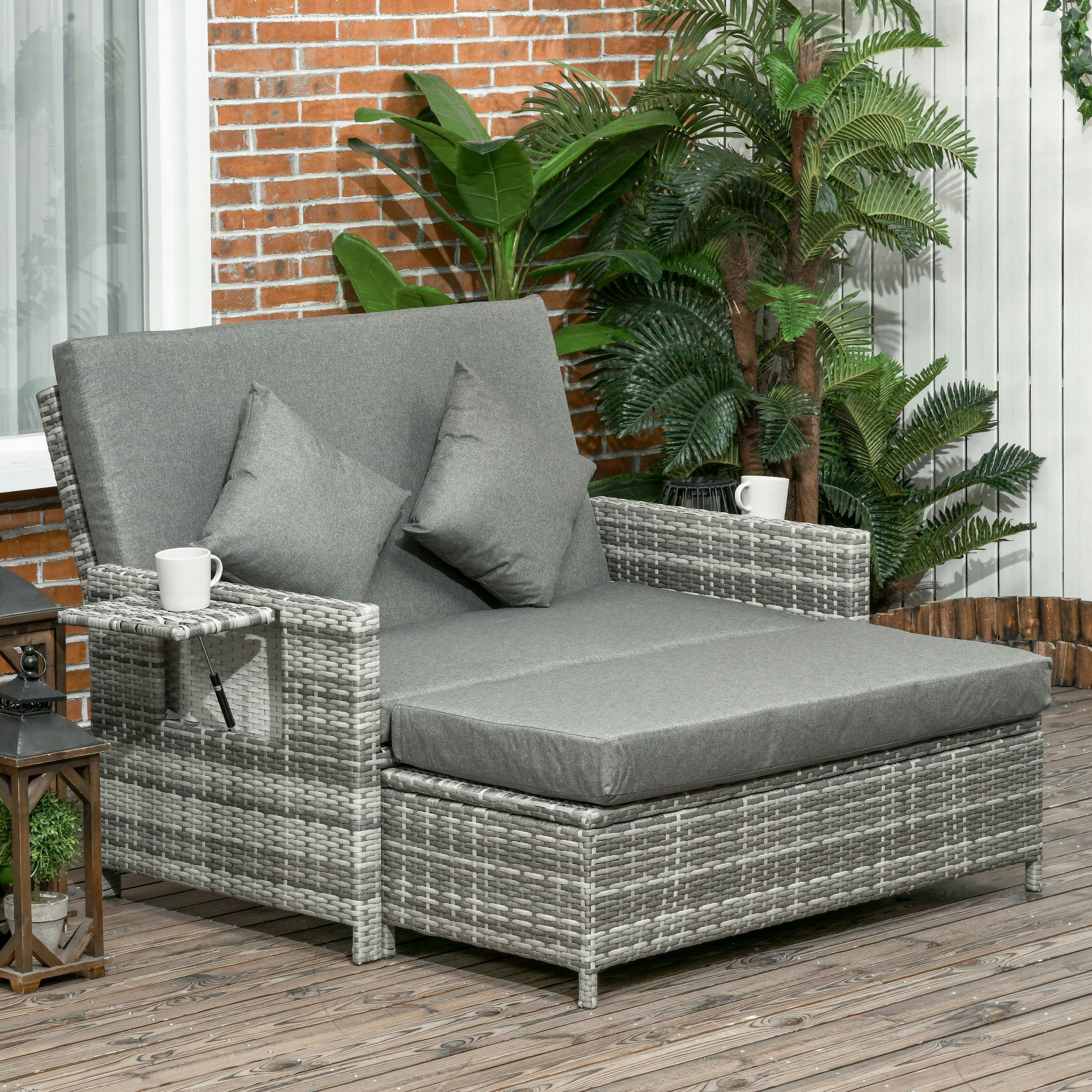 Outsunny Grey Garden Rattan Furniture Set 2 Seater Patio Sun Lounger Daybed Sun Bed - 130Cmx72cmx91cm - / Cushions