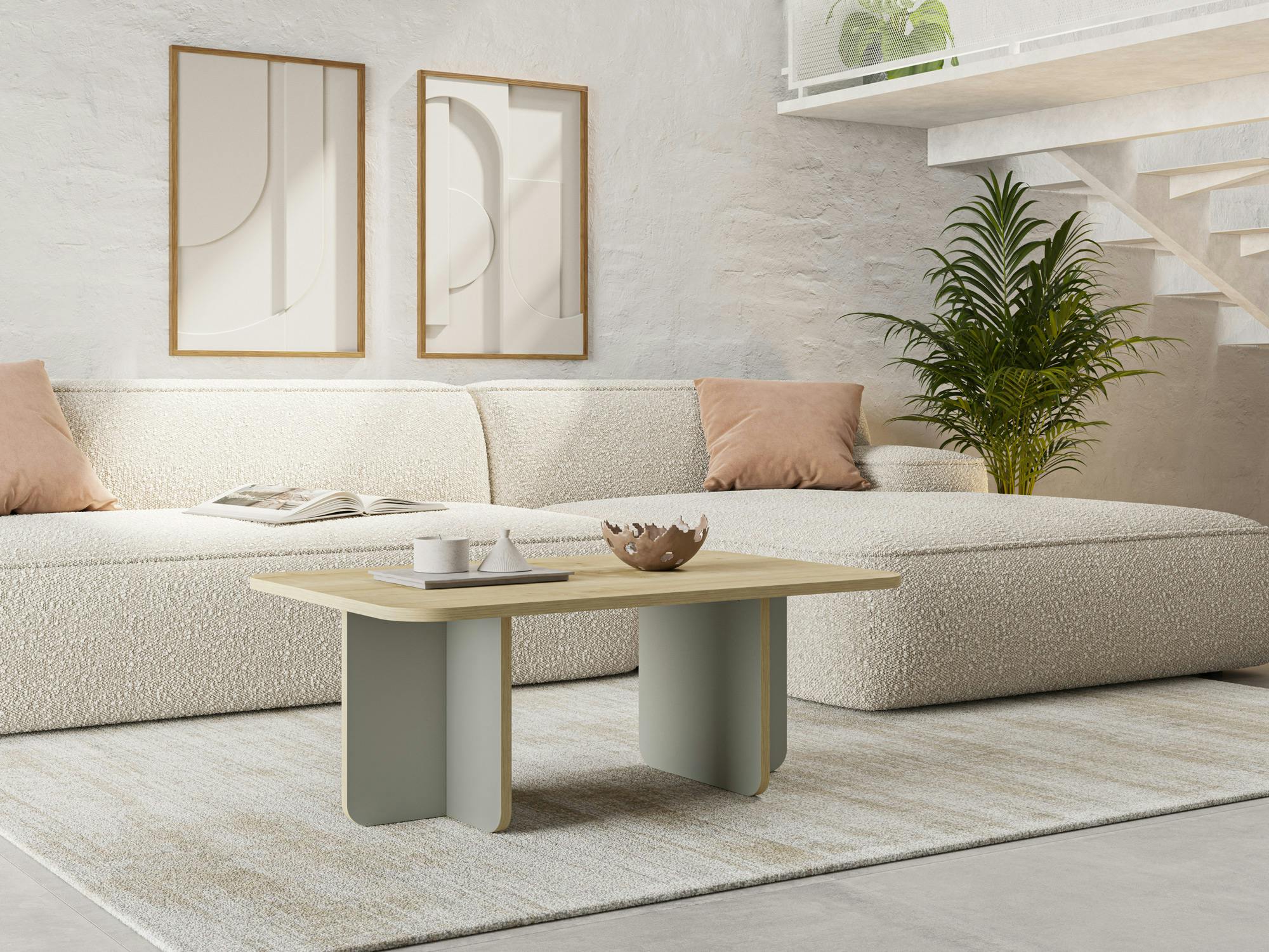 Rackhams Green Modern Rectangular Curved Corners Coffee Table 100Cm Centre Table With Thick Slab Legs For Home, Office - Oak-Ash