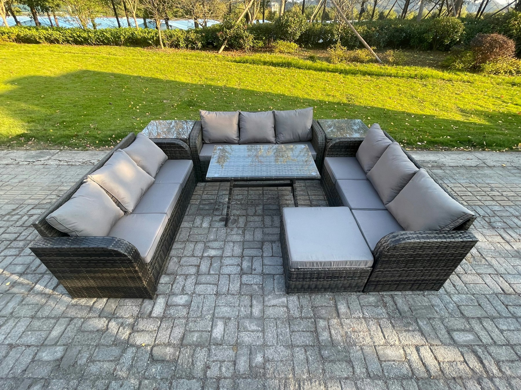 Rackhams 10 Seater Wicker Rattan Garden Furniture Set With Rectangular Dining Table 2 Side Tables Big Footstool Patio Outdoor Lounge Sofa Set