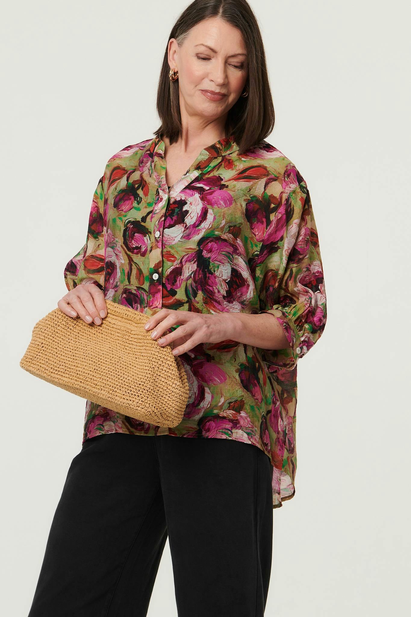 Izabel London Pink Floral Button 3/4 Sleeve Relaxed Blouse - 16