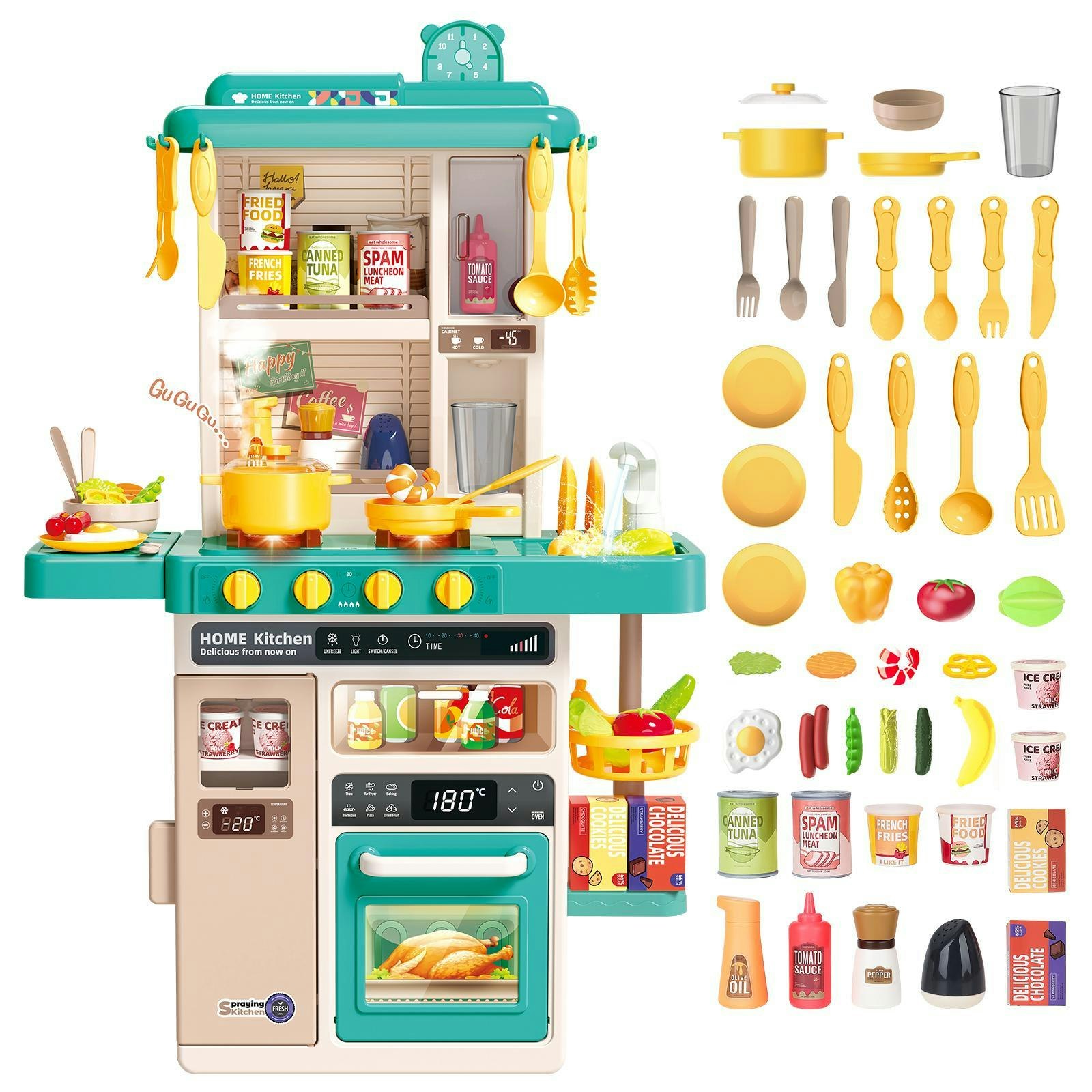 Deao Toys Green Kitchen Playset Kitchen Playset With Realistic Lights And Sounds, Simulated Spray Function