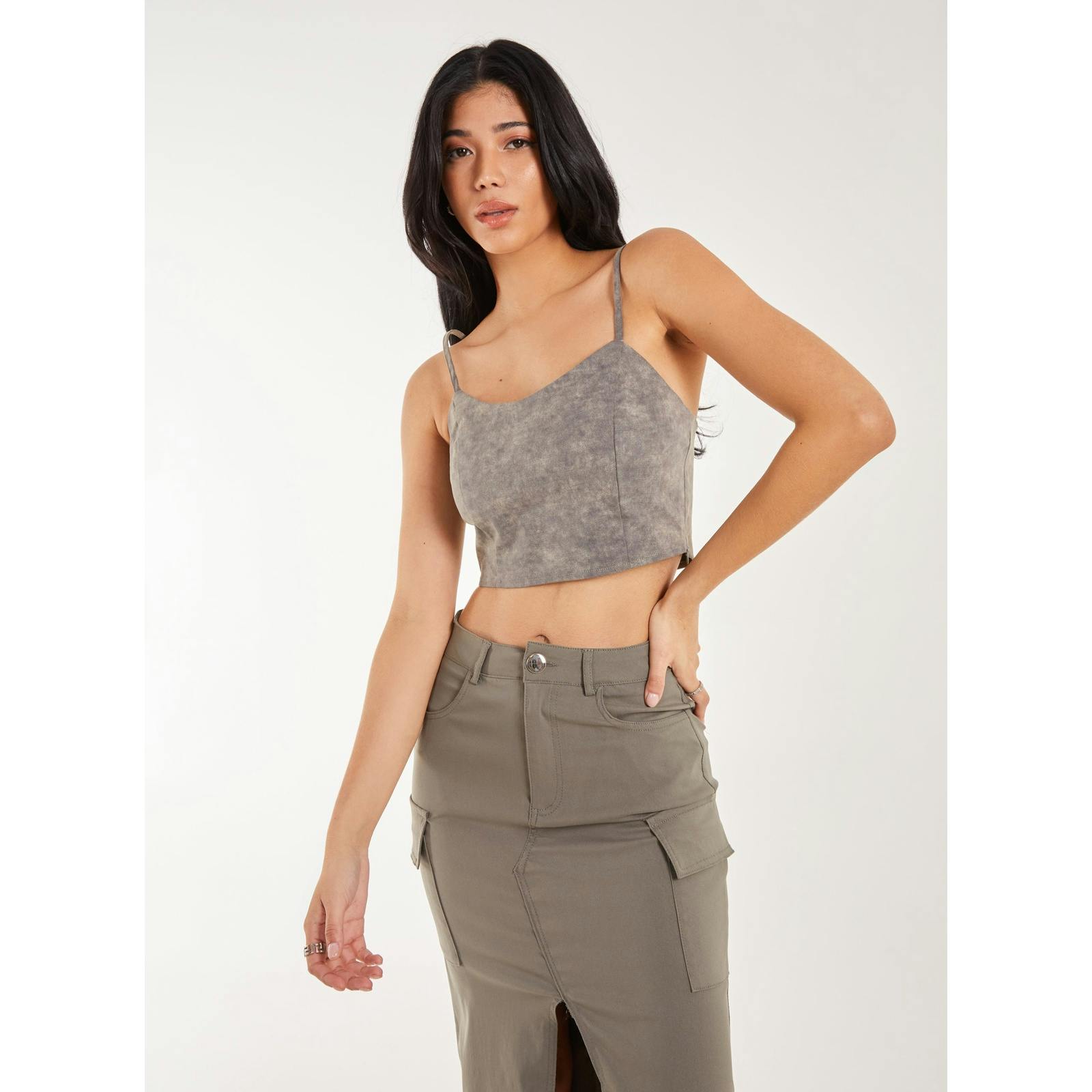Pink Vanilla Stone Washed Stretch Crop Top - L - Khaki