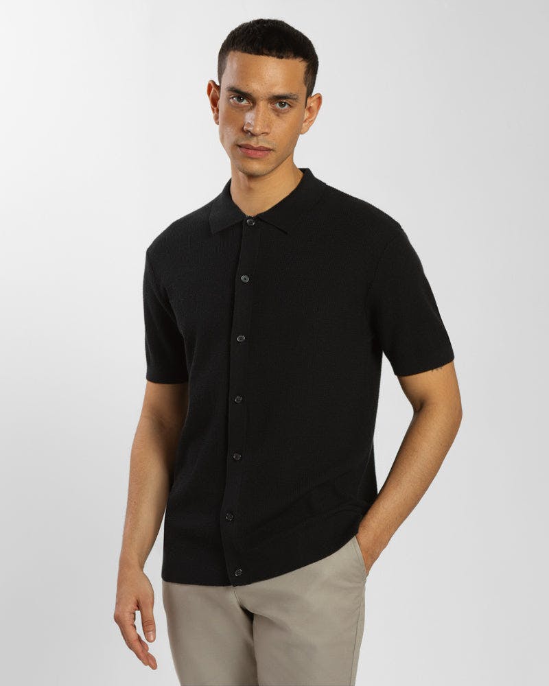 Steel & Jelly Black Textured Knitted Polo Shirt - Xl