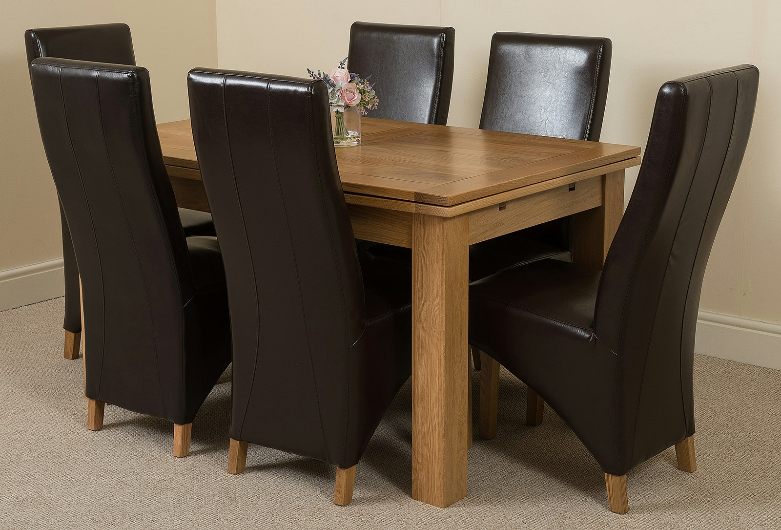 Rackhams Brown Richmond Medium Oak Extendable Dining Table With Lola Leather Chairs - 6 Chairs