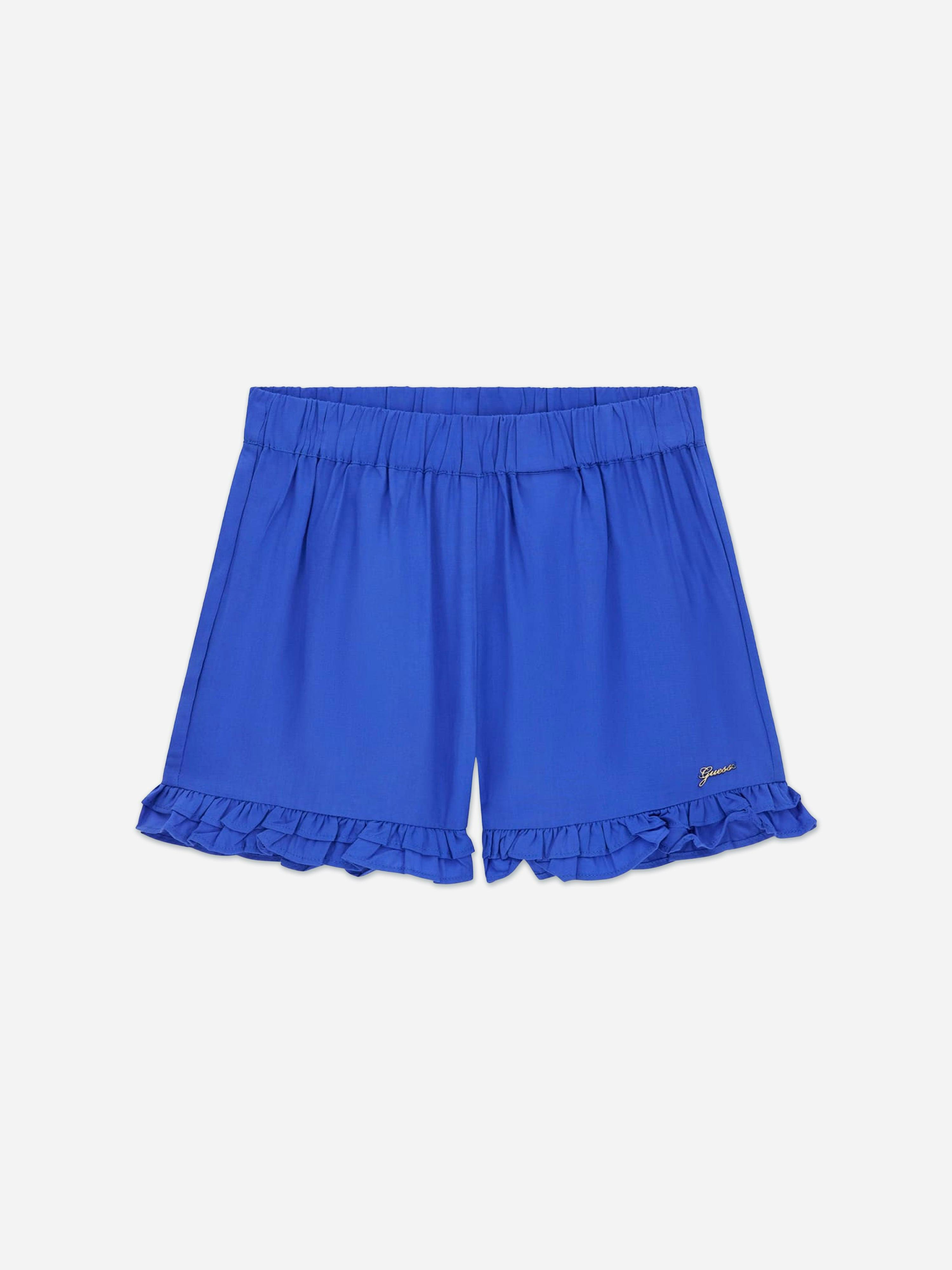 Guess Girls Blue Poplin Logo Shorts In - 7 Yrs