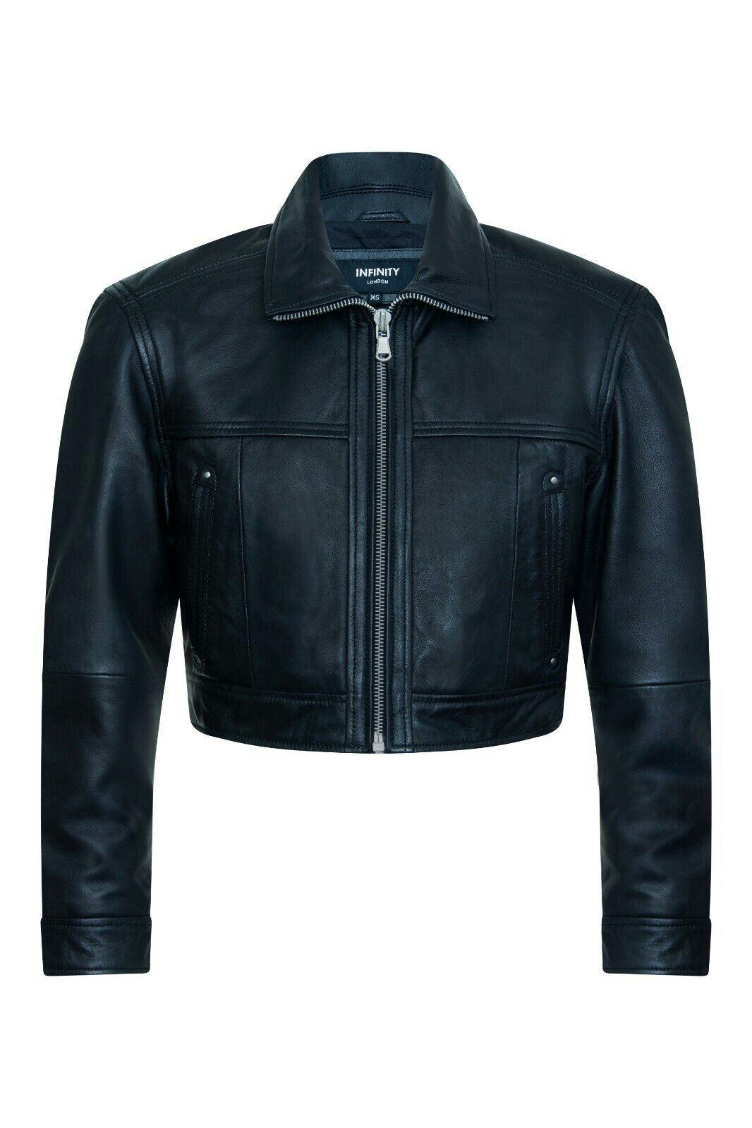Infinity Leather Women's Black Cropped Biker Leather Jacket - Dubai - Uk S/10 | Eu 36 | Us 6
