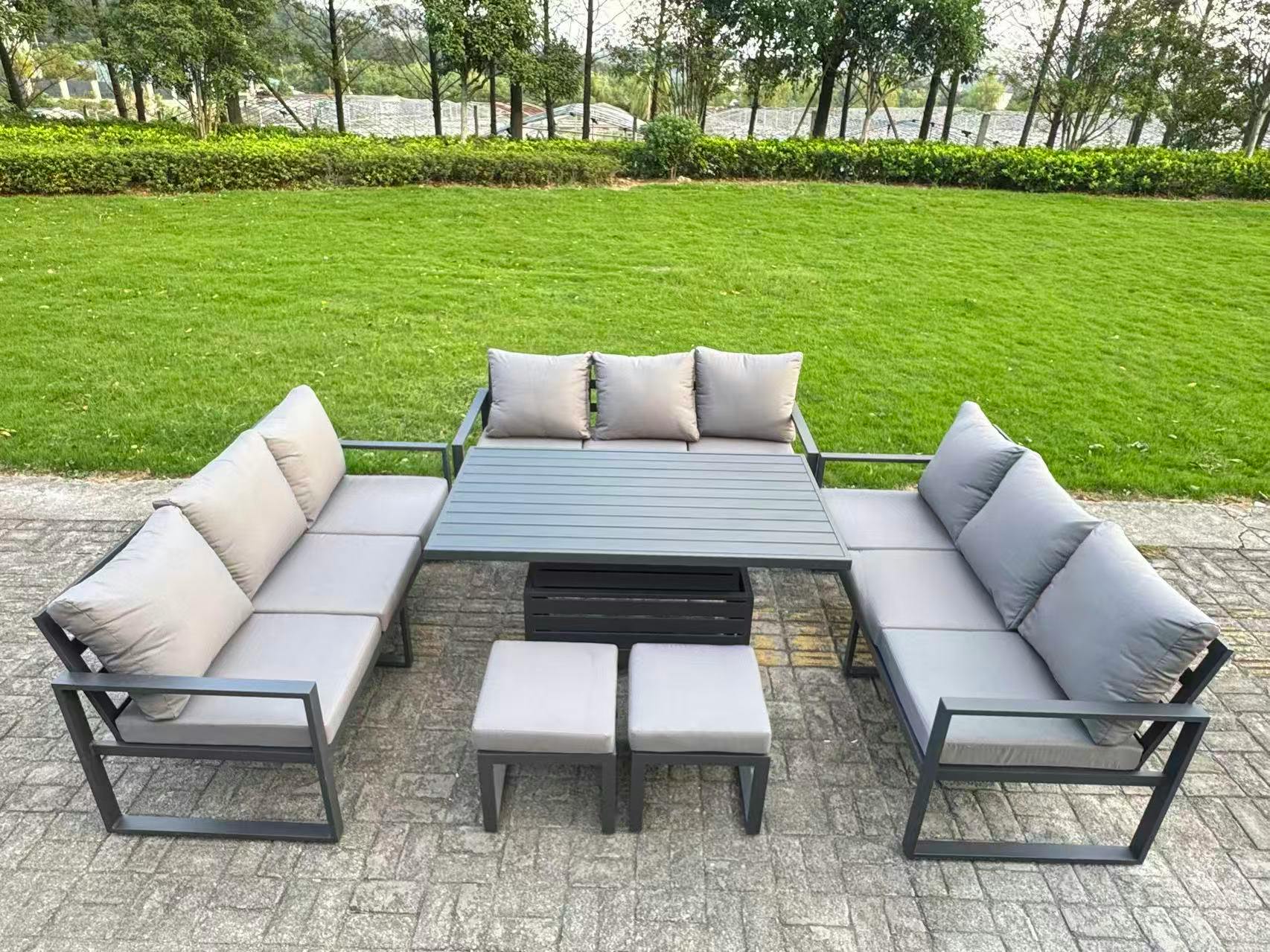 Fimous Dark/Grey 11 Seater Aluminium Garden Furniture Set With Adjustable Rising Dining Table, 2 Footstools