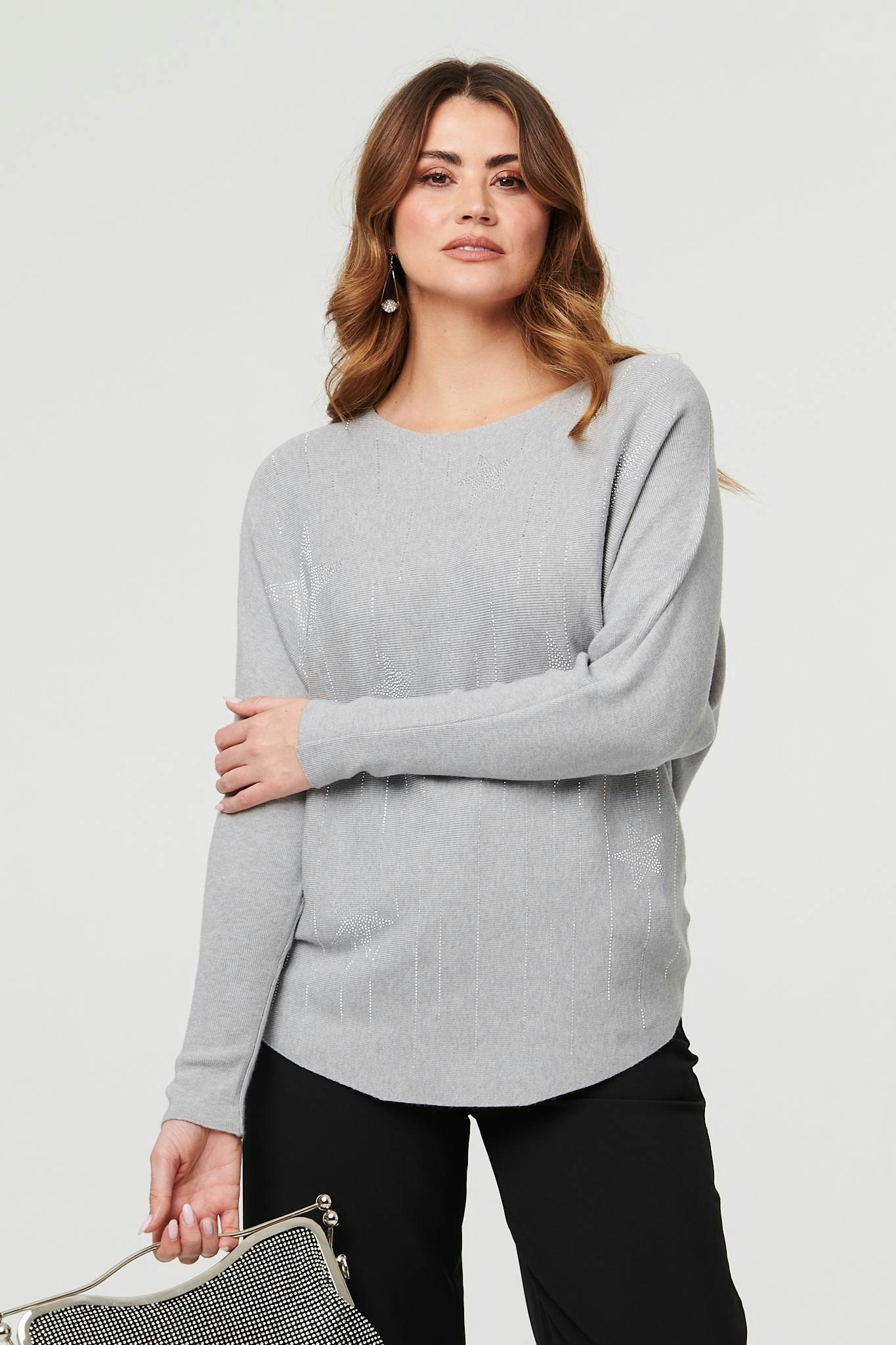 Izabel London Grey Sparkly Star Front Batwing Sleeve Jumper - S/M