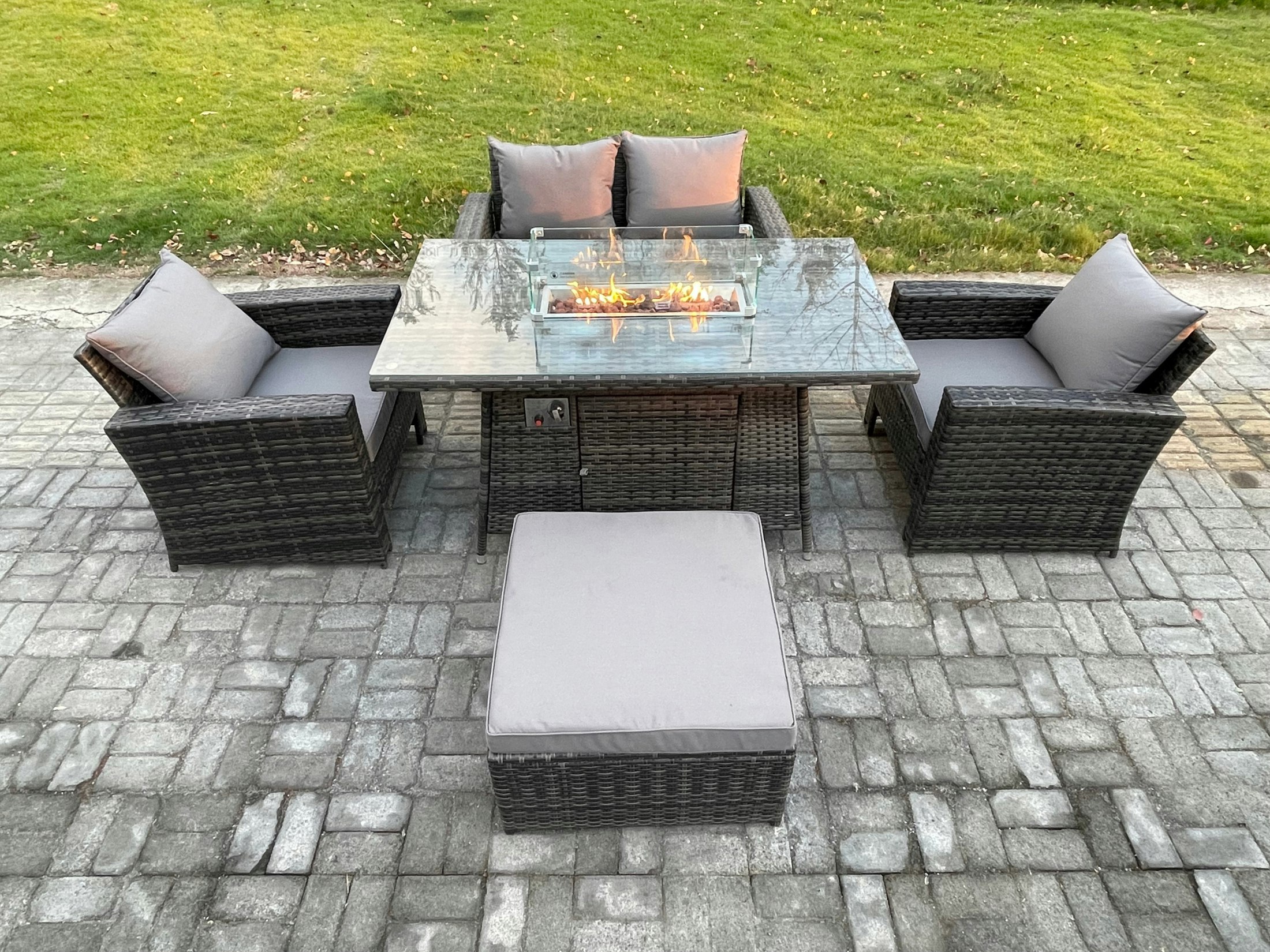Fimous Unisex Dark Grey Seater Outdoor Rattan Sofa Set Garden Furniture Gas Firepit Dining Table Heater With Big Footstool In Size 5 - Image 2
