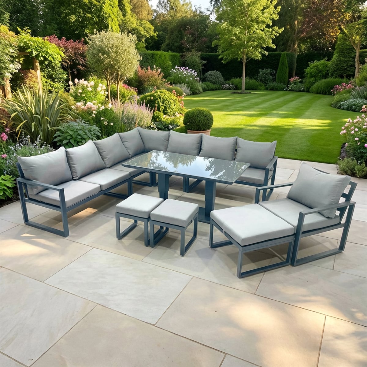 Rackhams Dark/Grey 11 Seater Outdoor Aluminium Garden Furniture Set With Corner Sofa, Chair, 3 Footstools & Adjustable Rising Dining Table