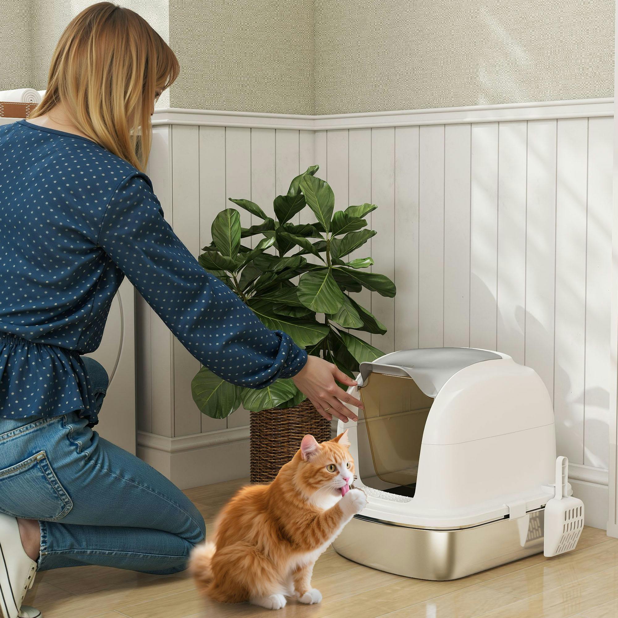 Pawhut Stainless Steel Cat Litter Tray With Lid