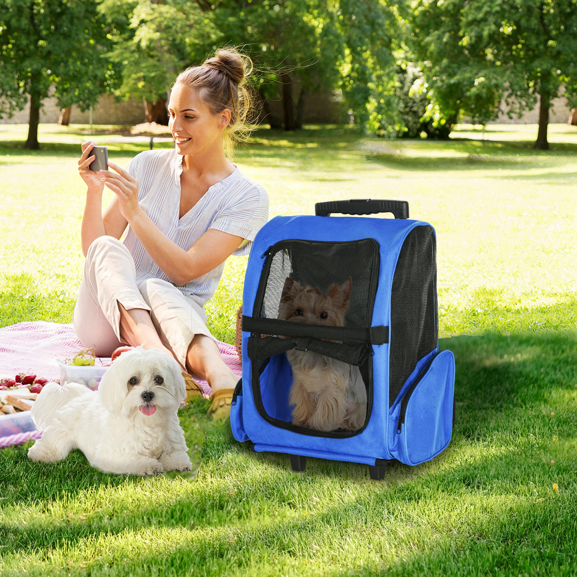 PAWHUT Pet Travel Backpack Bag Cat Puppy Dog Carrier w/ Trolley & Handle in Blue - Image 2