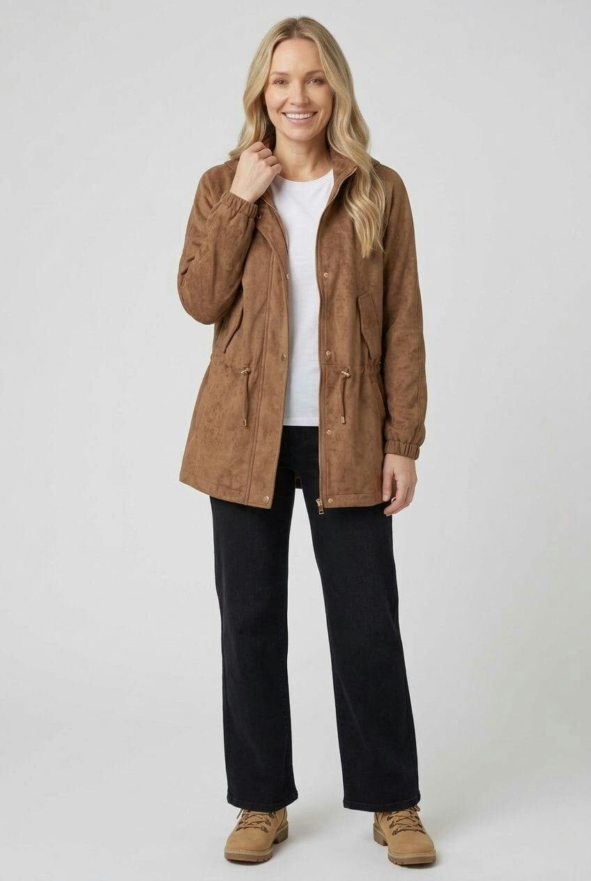 Izabel London Brown Faux Suede High Neck Drawstring Jacket - L