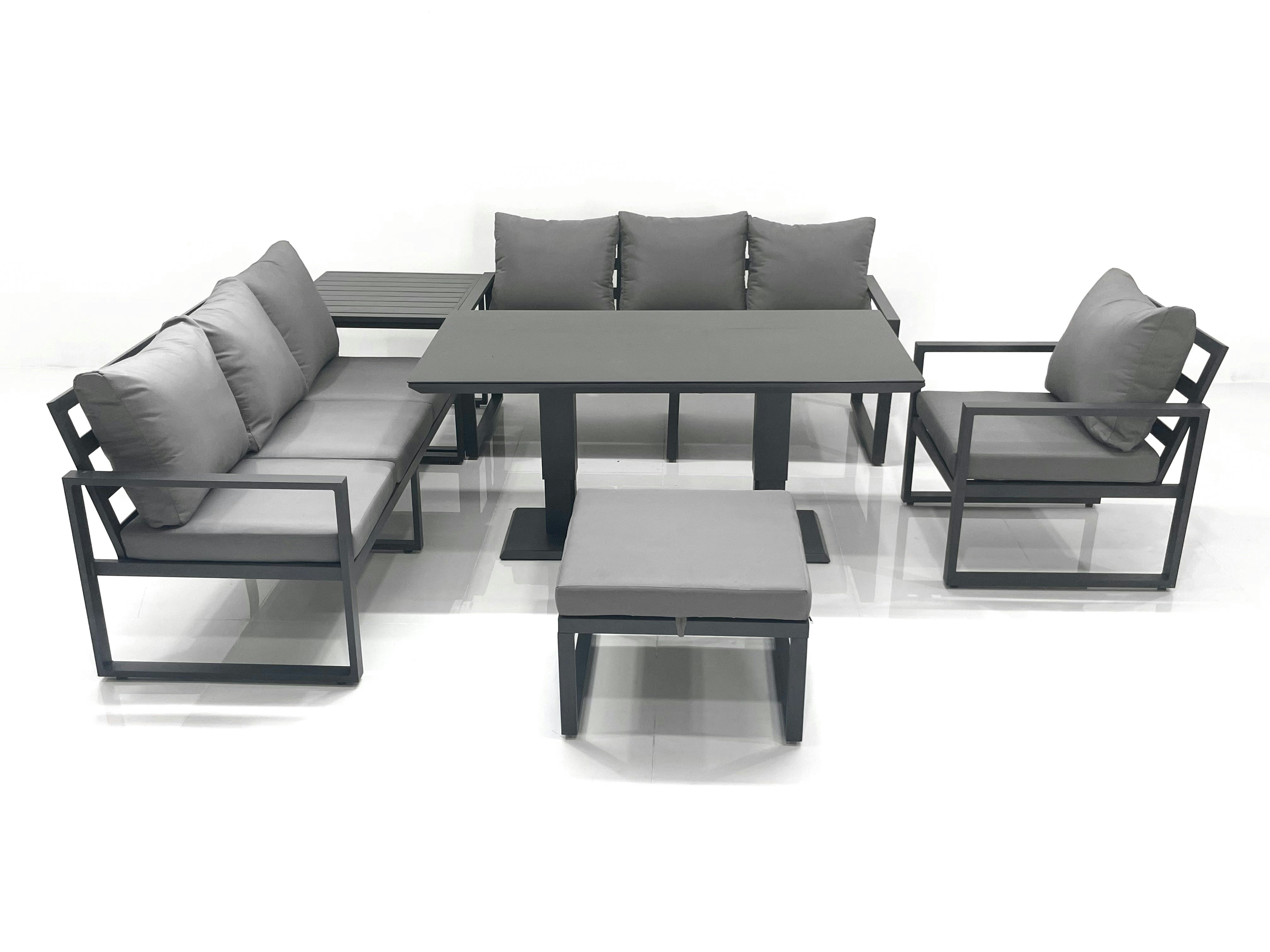 Fimous Dark/Grey Outdoor Garden Furniture Set Aluminium Lounge Sofa Adjustable Rising Lifting Dining Table Sets With Big Footstool Side Table