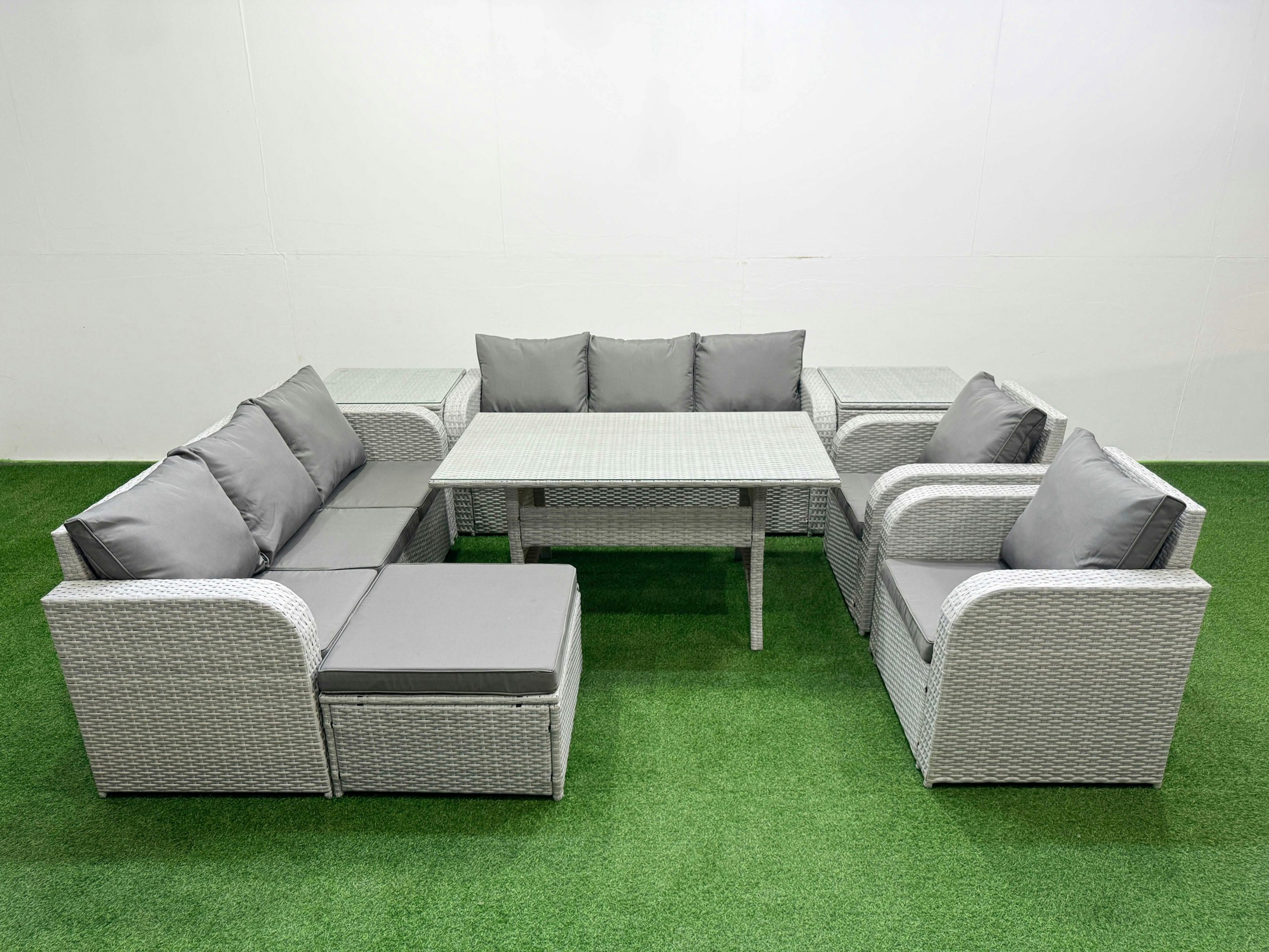 Rackhams Light/Grey Pe Rattan High Back Lounge Set - Rectangular Dining Table, 3-Seater Sofa, Reclining Chair & Big Footstool
