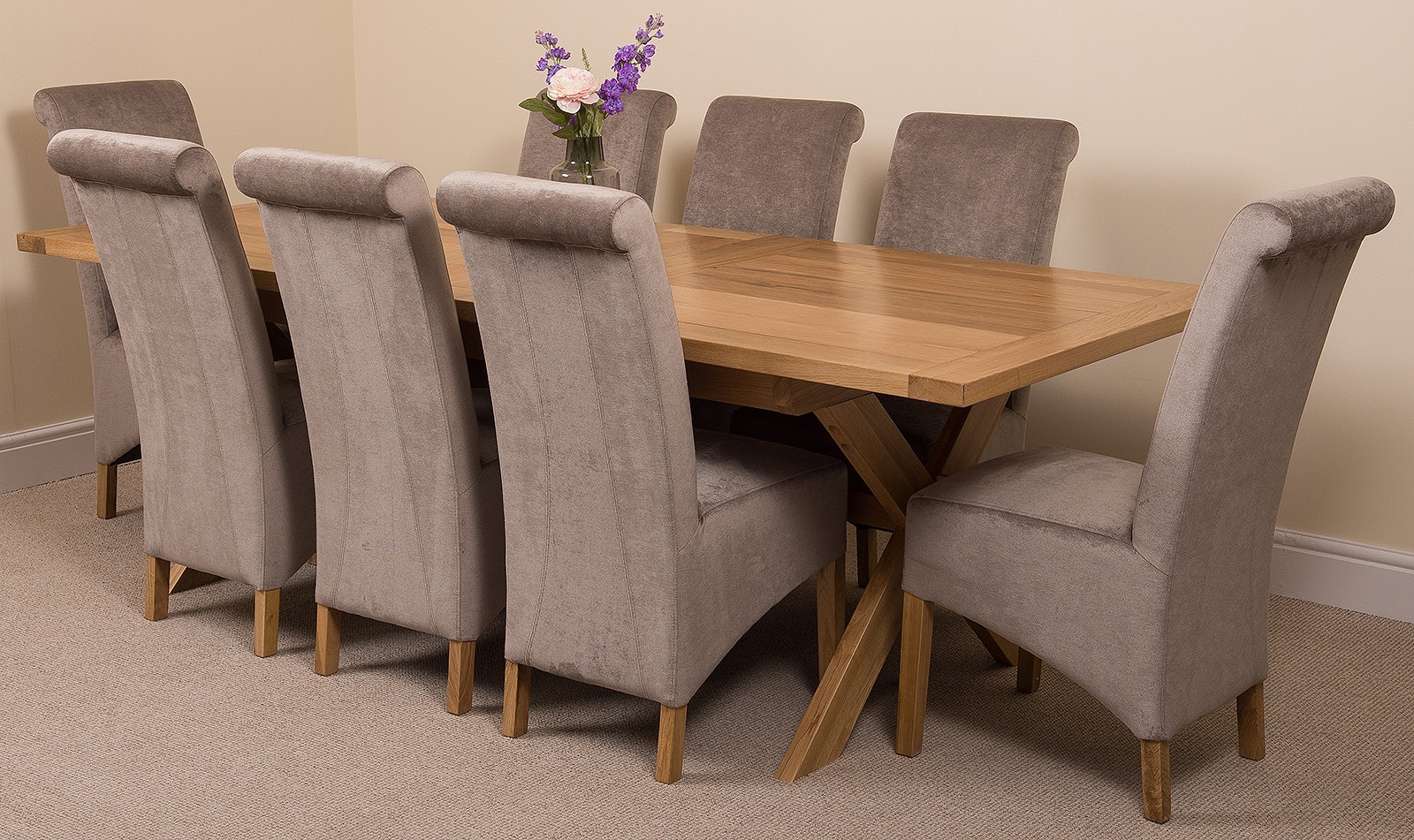Rackhams Grey Vermont Cross Leg Oak Extending Dining Table With Montana Fabric Chairs - 8 Chairs