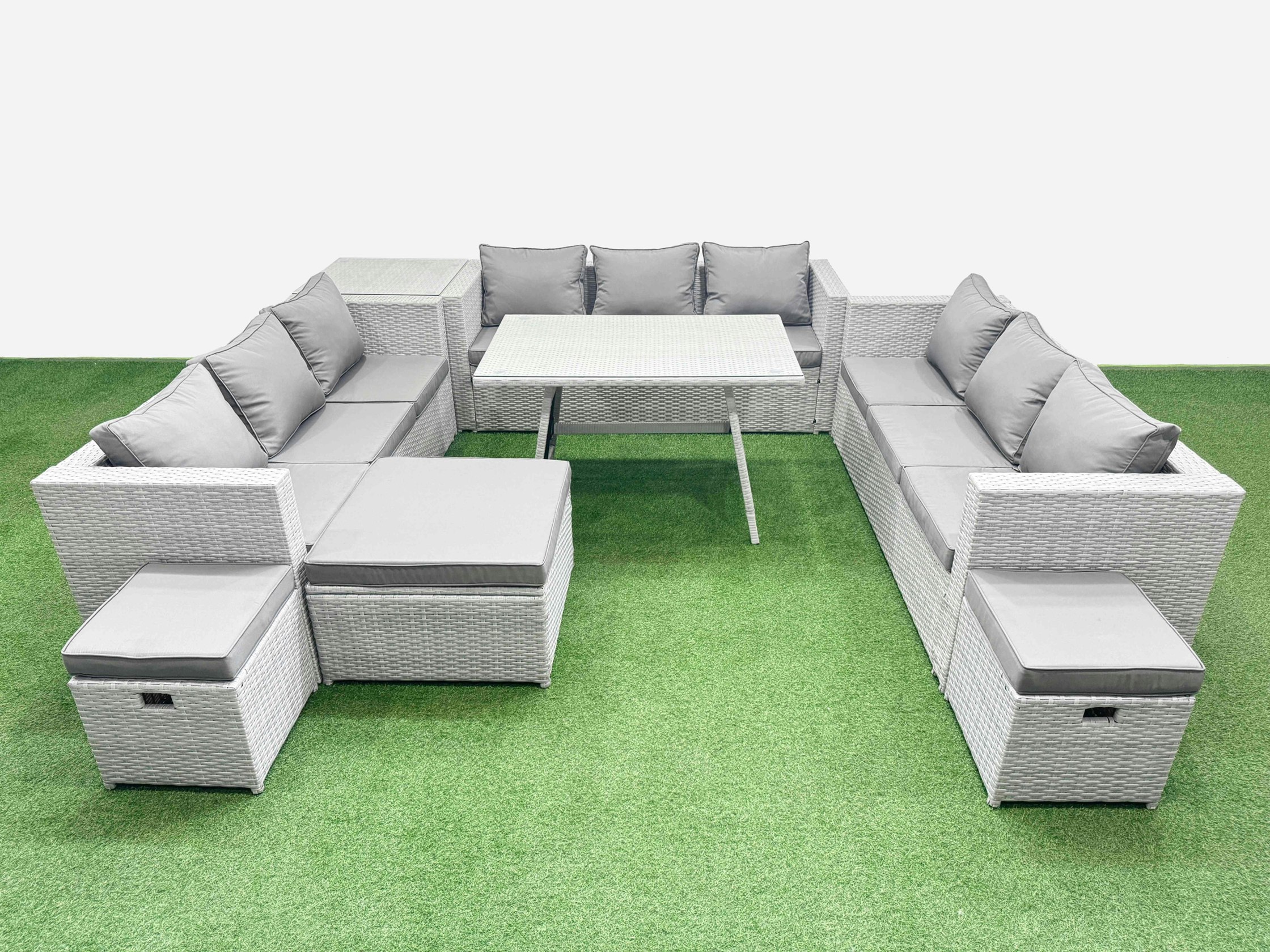 Fimous Light/Grey 12 Seat Outdoor Patio Pe Rattan Garden Furniture With Cushions 3 Seater Sofa Side Table 3 Stool