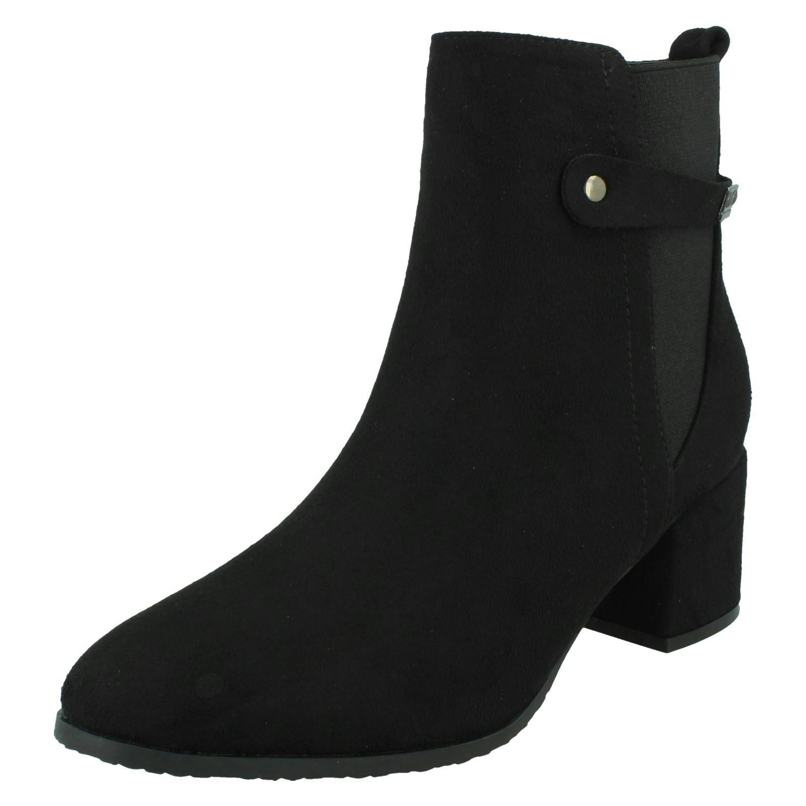 Spot On Women's Black Mid Block Heel Ankle Boots With Back Strap F51239 - Microfibre - Uk 6