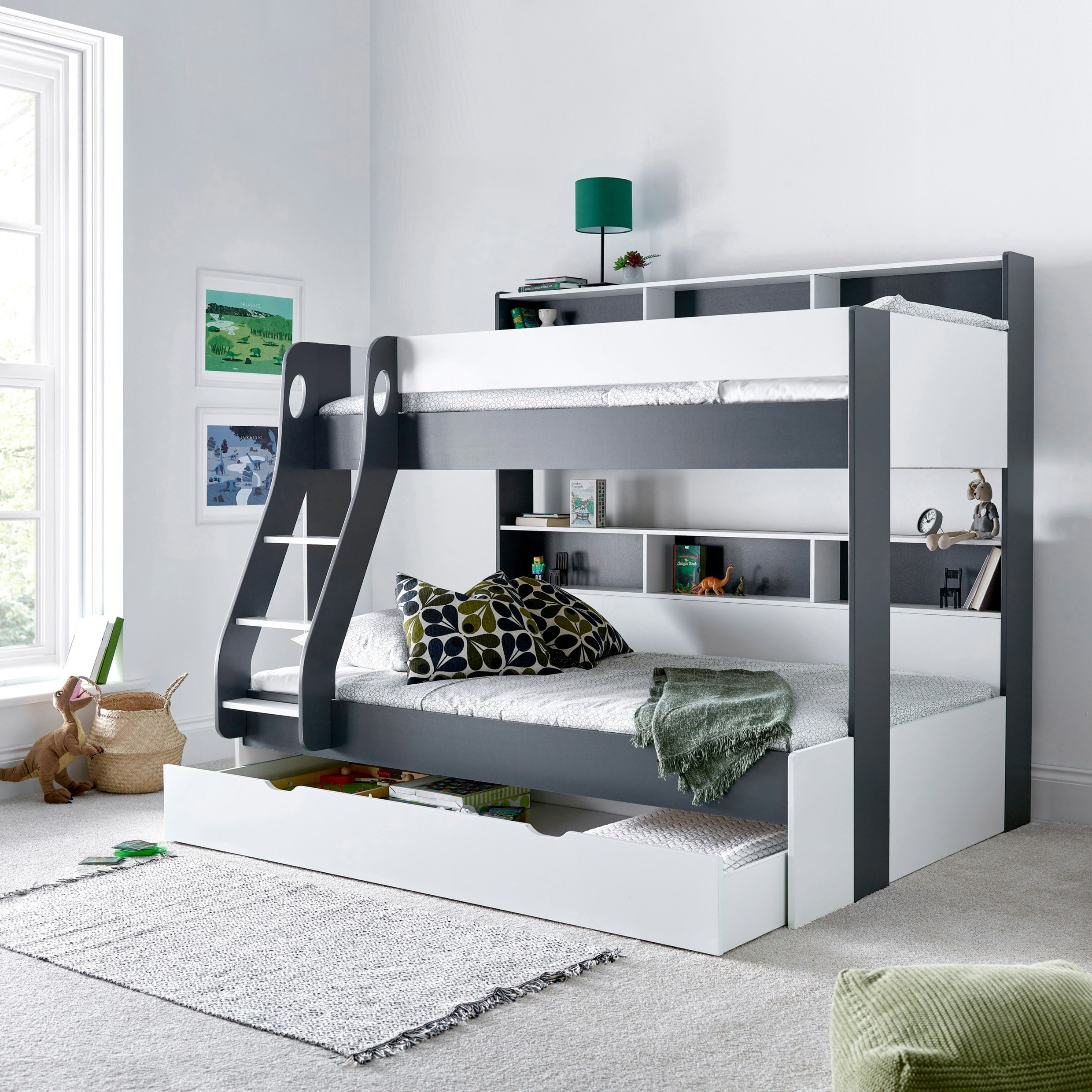 Rackhams Grey/White Oliver And Triple Sleeper Storage Bunk Bed With Drawer And Mattress Options - Single / Small Double Bunk (No Drawer) With Memory Mattresses