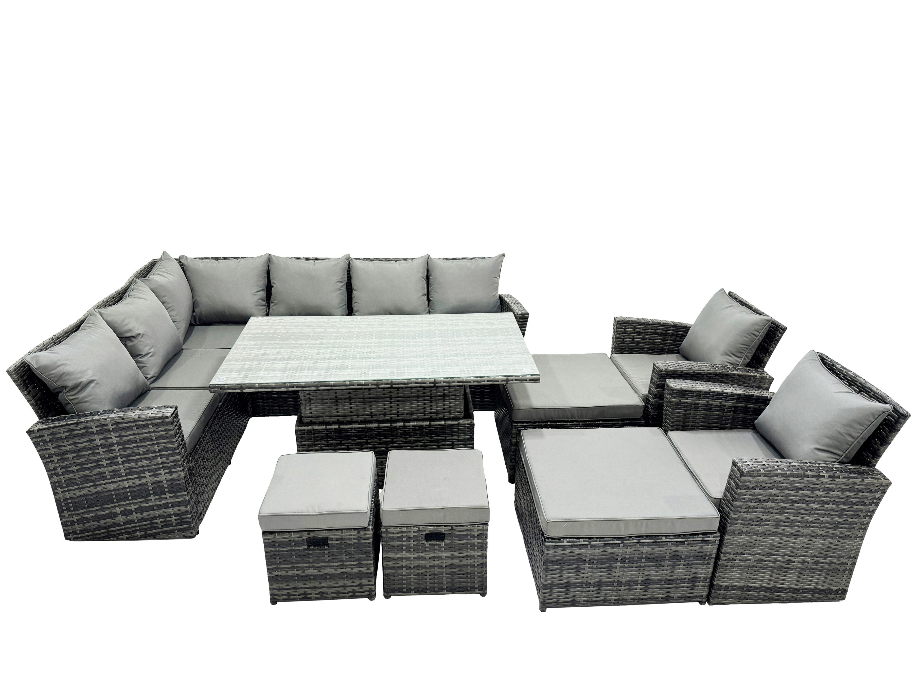 Fimous Dark/Grey Poly Rattan Outdoor Patio Height Adjustable Rising Lifting Table Corner Sofa Set With 4 Stool,2 Chairs For Garden Backyard Mixed