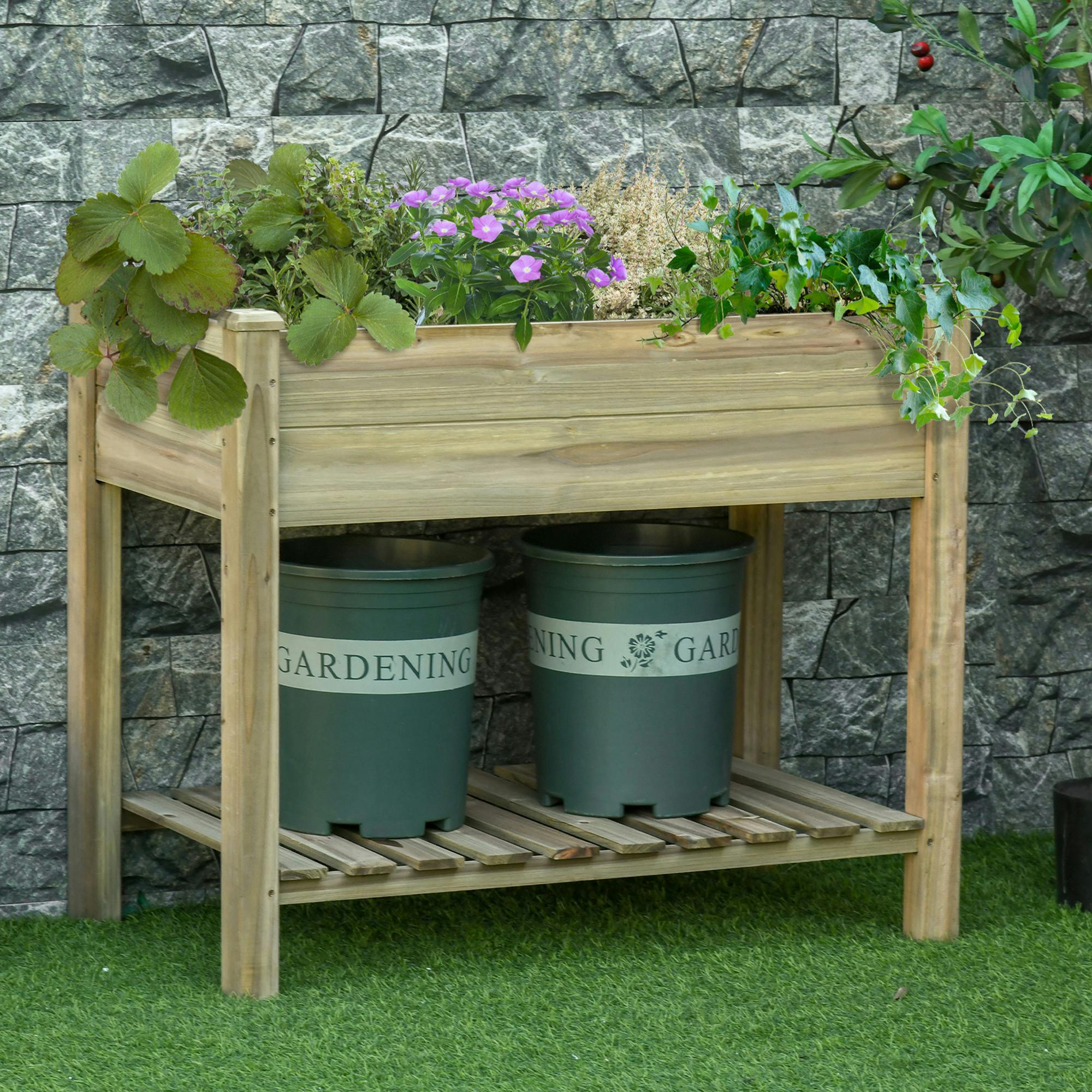 Outsunny Raised Garden Bed W/ Legs And Storage Shelf Elevated Wood Planter Box