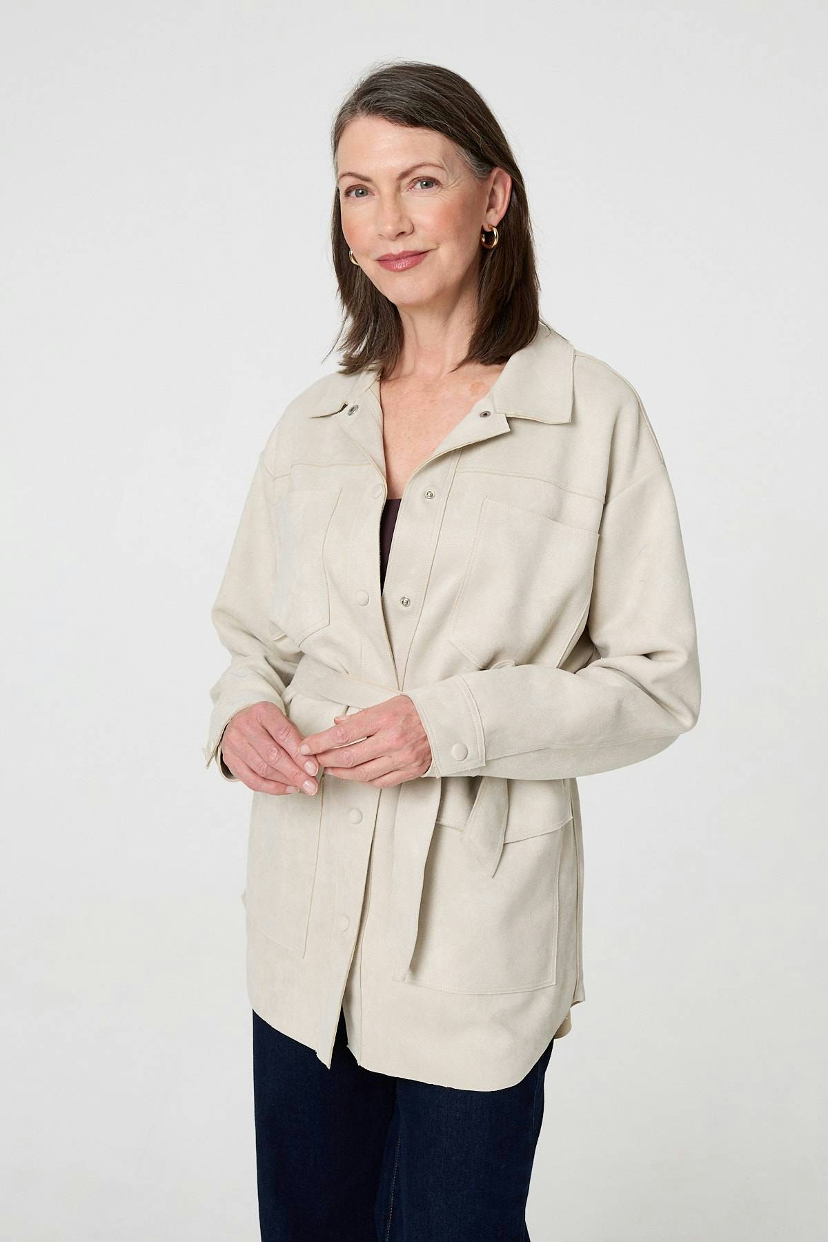 Izabel London Beige Faux Suede Tie Waist Relaxed Shacket - 12
