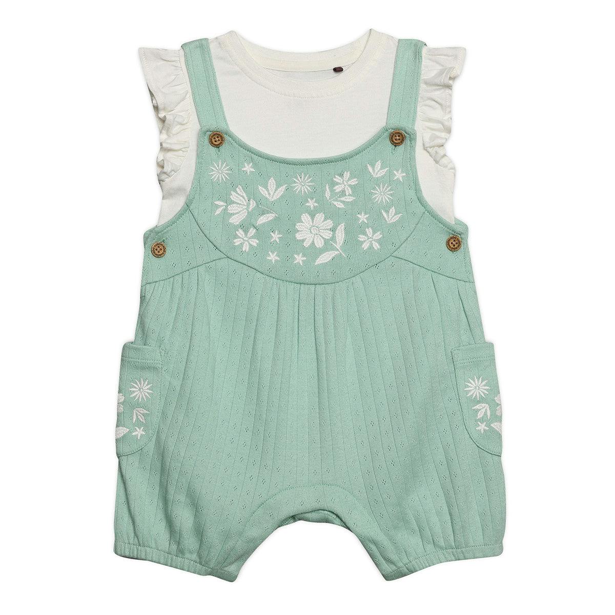 Mini Cuddles Women's Green Baby Girls Floral Embroidered Dungaree Set, Mint - 12-18 Months
