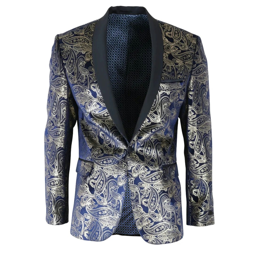 Truclothing Men's Blue/Gold Stz63 - Velvet Paisley Floral Tuxedo Blazer - 40