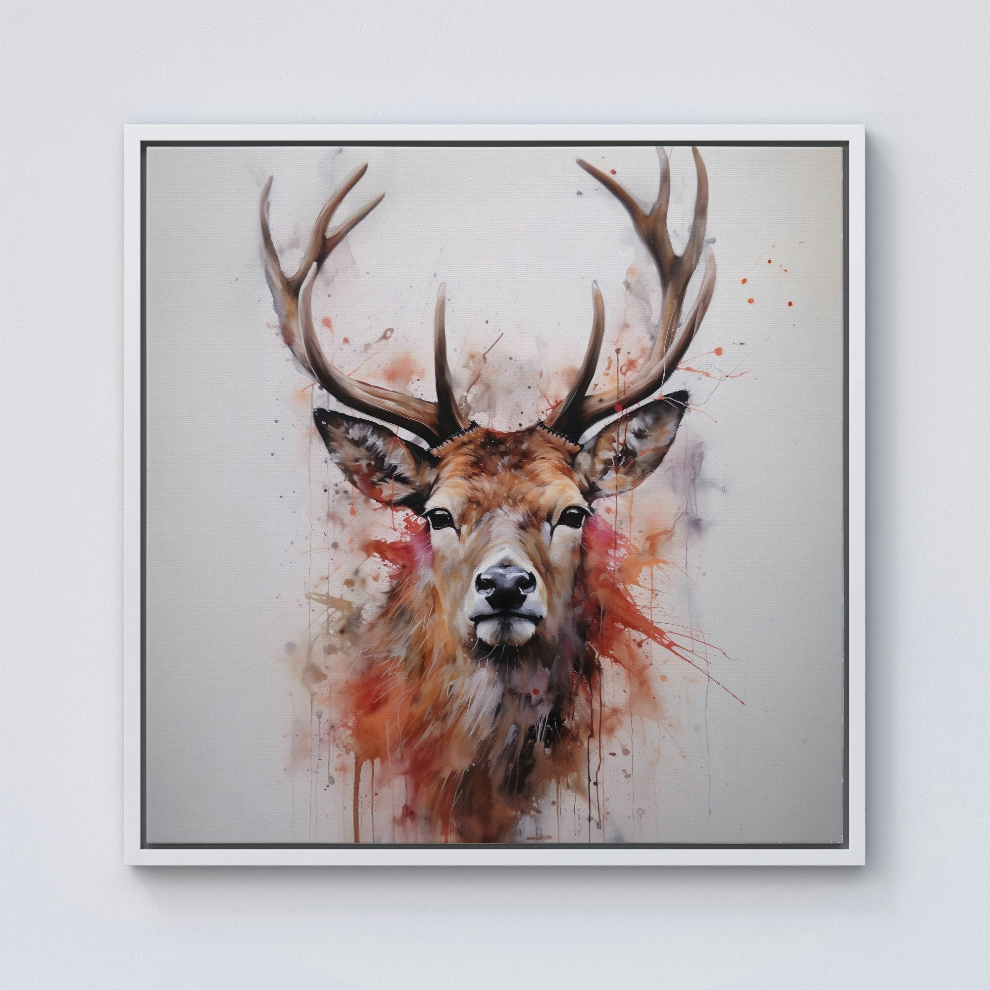 Warren Reed White Watercolour Splash Art Stag Face Framed Canvas - 30" X 30"