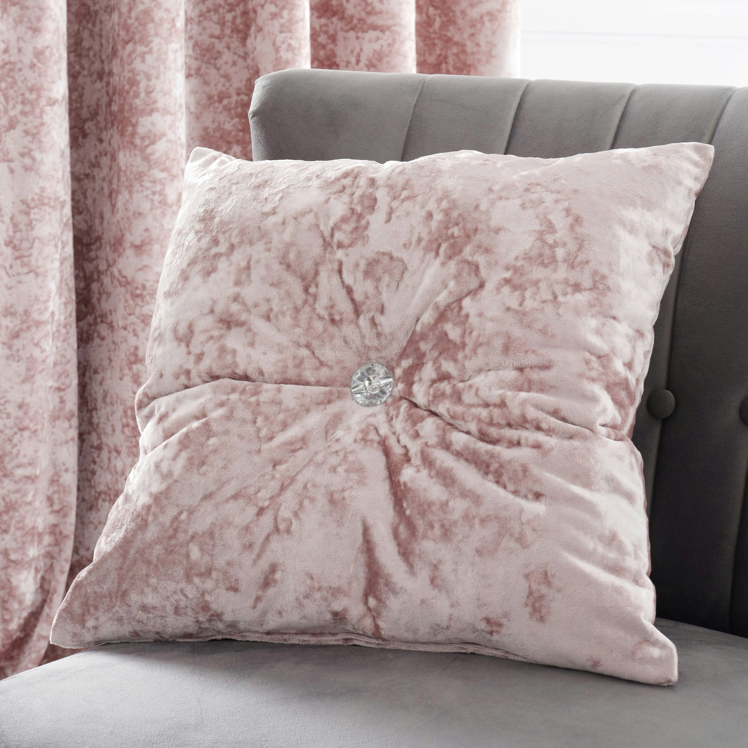 Rackhams Pink Crushed Velvet Diamante Cushion - Blush
