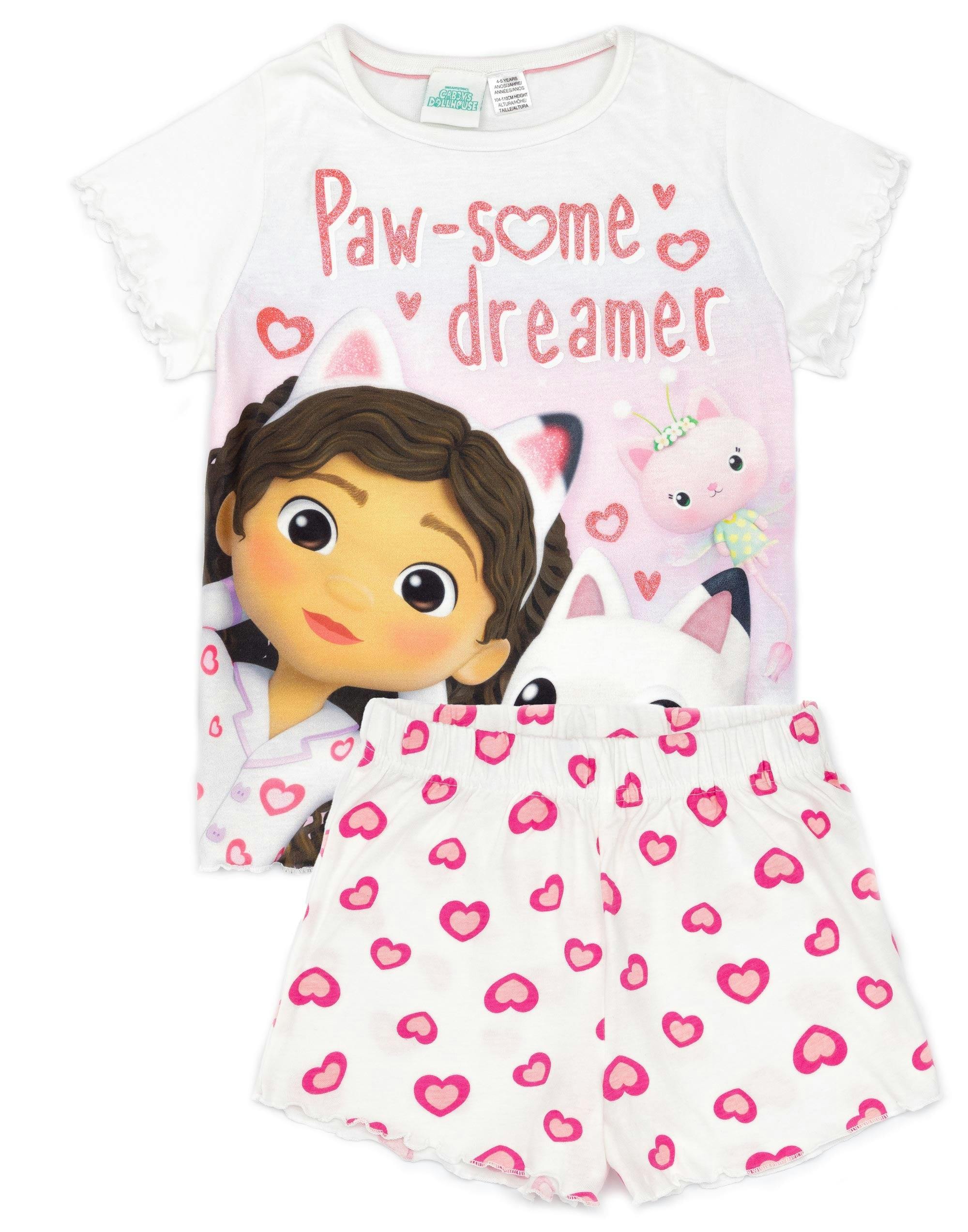 Vanilla Underground Girls White Gabby's Dollhouse Paw-Some Dreamer Text Love Hearts Short Sleeve Short Leg Pyjama Set - 4-5 Years