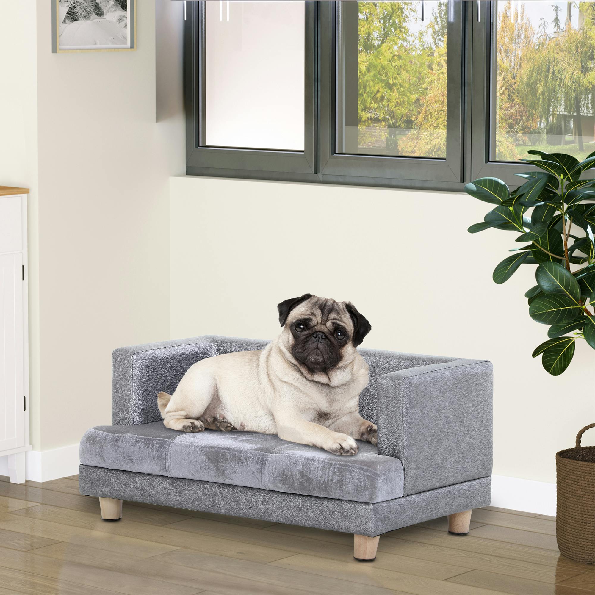 Pawhut Grey Dog Sofa Pet Lounge Bed W/ Anti-Slip Legs For Small-Sized Dogs