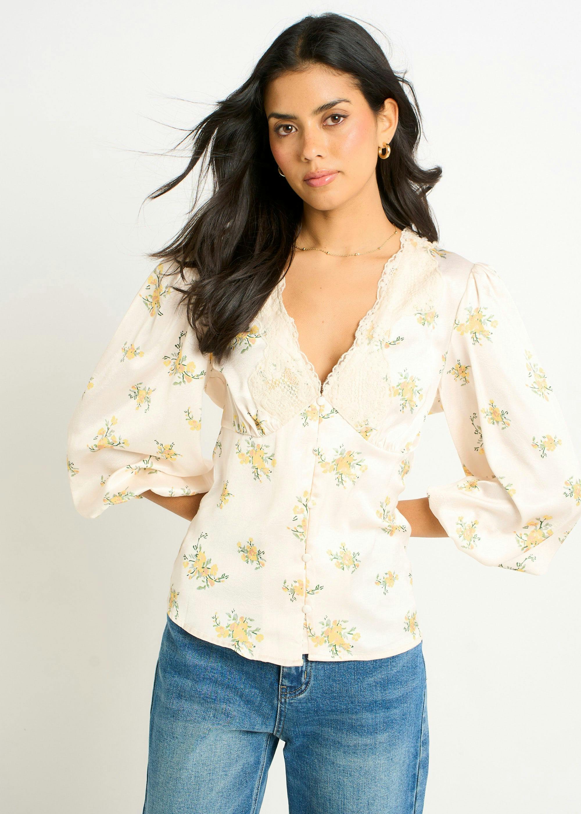 Gini London Cream Lace Trim Satin Button Through Blouse - Uk 14 / Us 10 / Eu 42