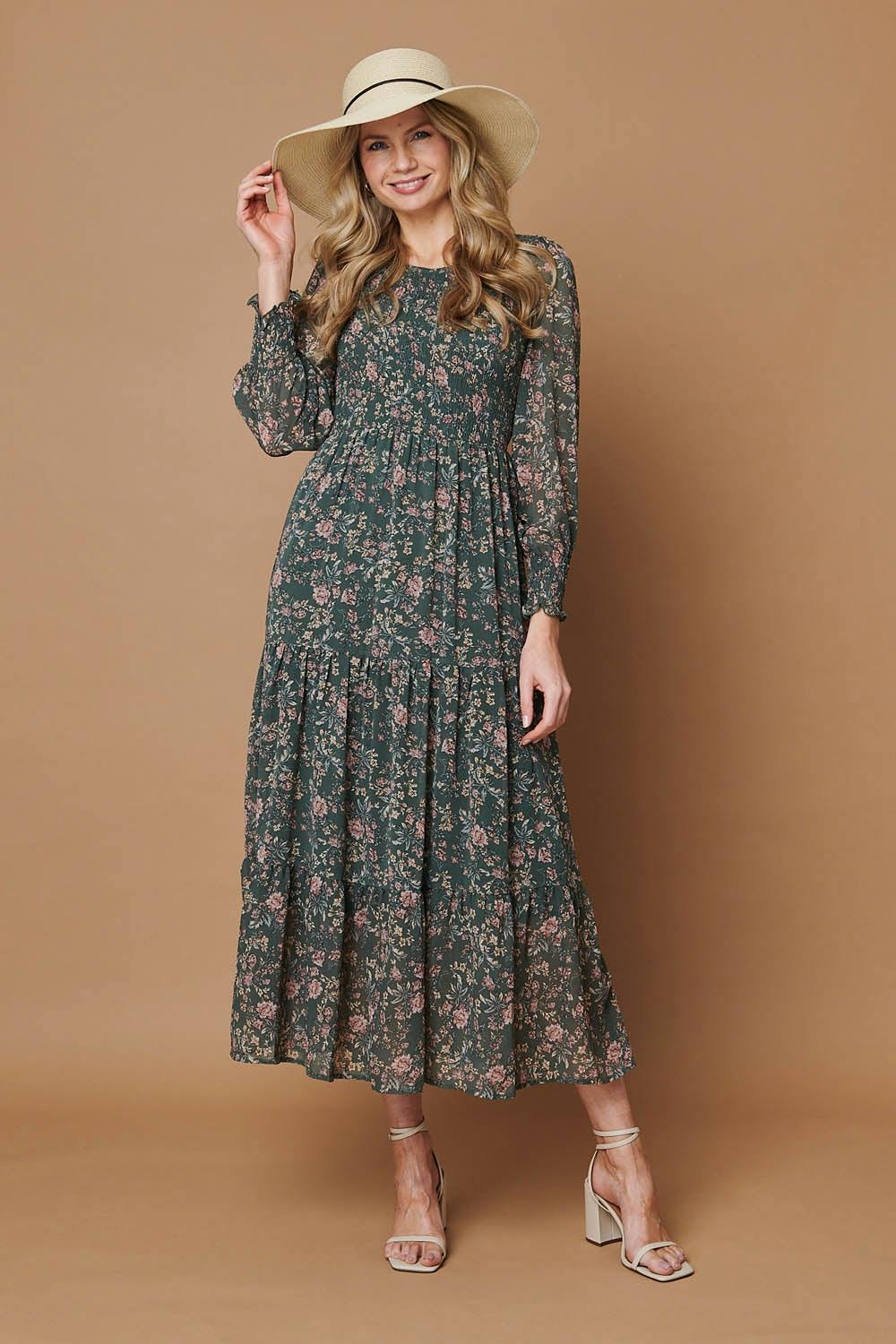 Izabel London Ditsy Floral Long Sleeve Midi Dress - 12 - Sage