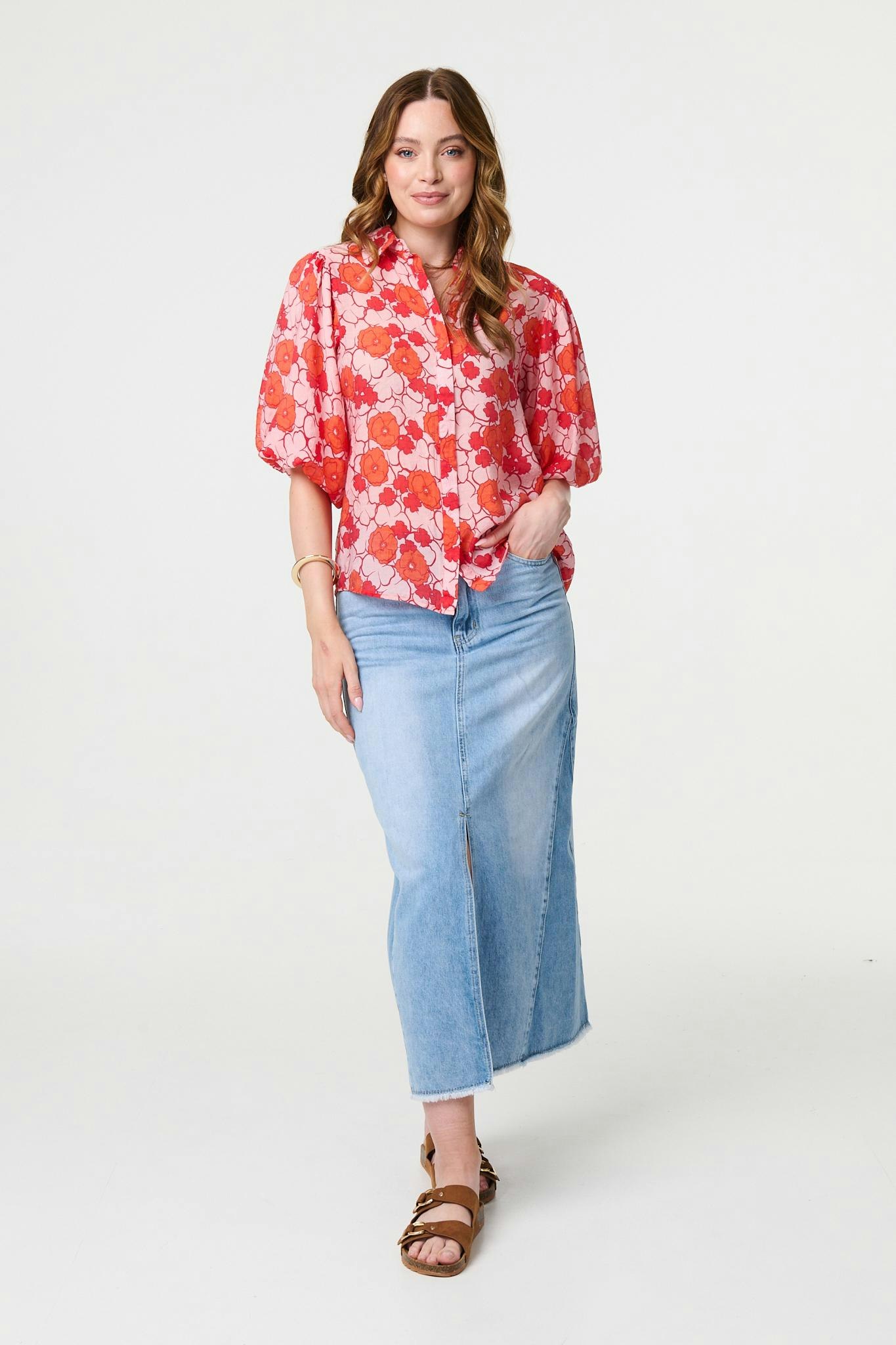 Izabel London Orange Leaf Print 1/2 Puff Sleeve Blouse - 12