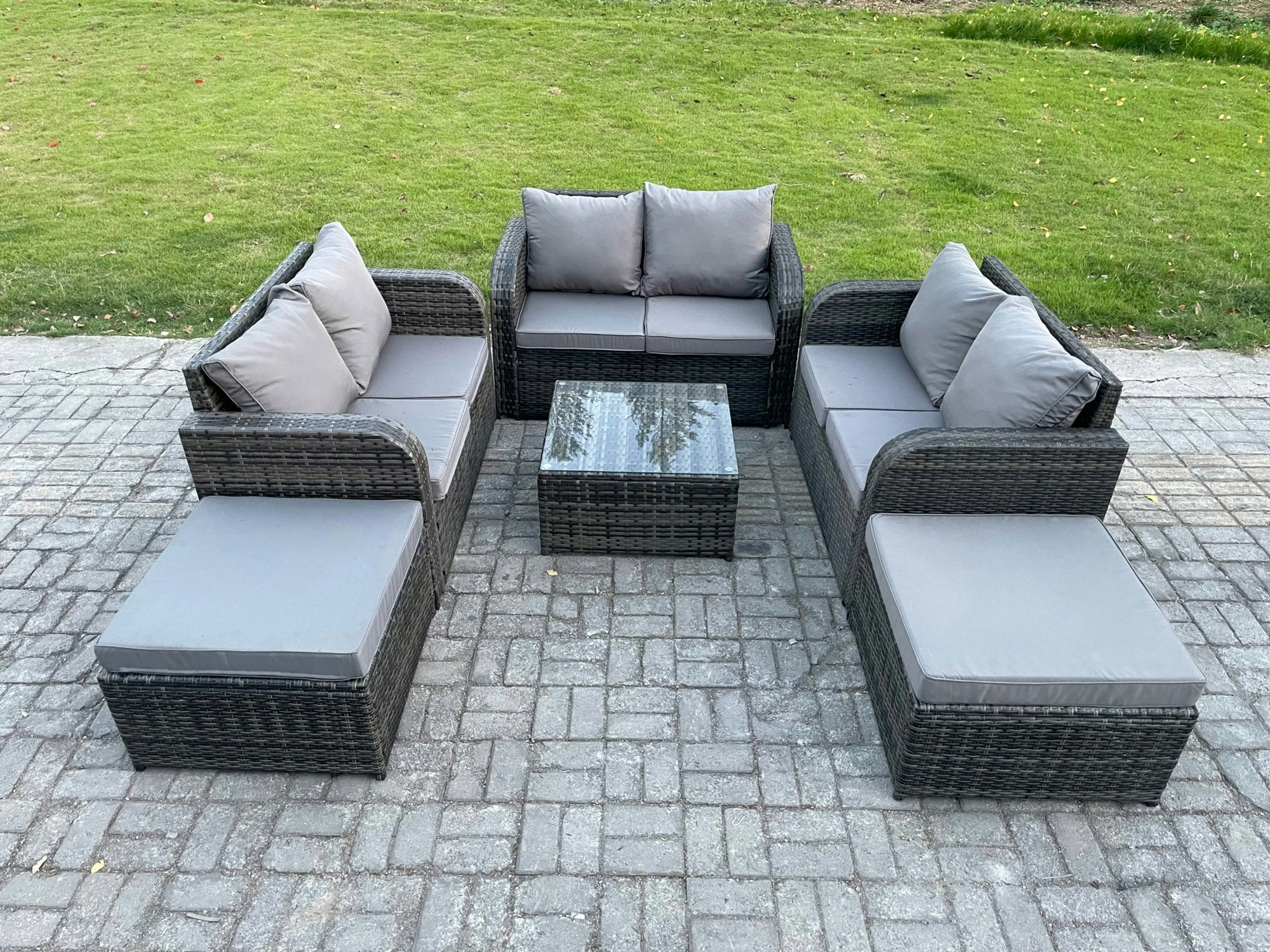 Fimous Dark/Grey 8 Seater Mixed High Back Rattan Outdoor Lounge Set - Square Coffee Table, 2 Big Footstools & Loveseat