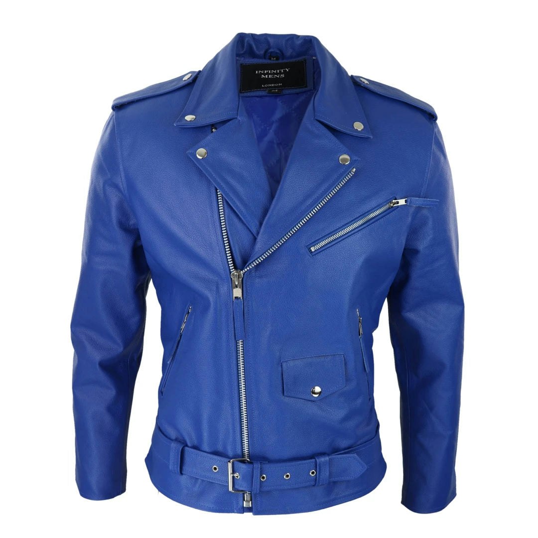 Infinity Leather Men's Blue Leather Company Cow Hide Original Cross Zip Brando Biker Motorcycle Leather Jacket - 4XL