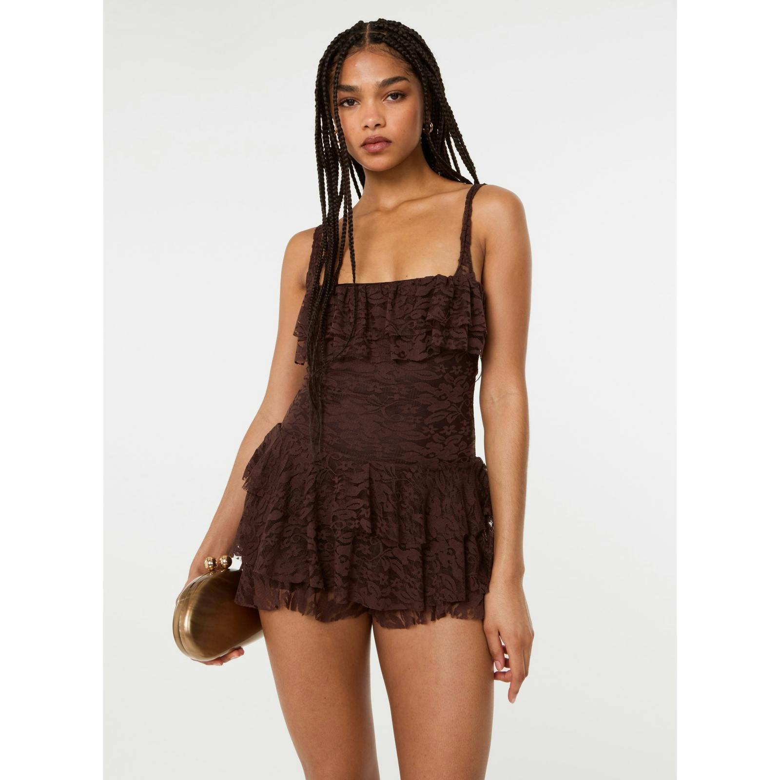 Pink Vanilla Pink/Brown Vanilla Frill Front Lace Square Neck Playsuit - S