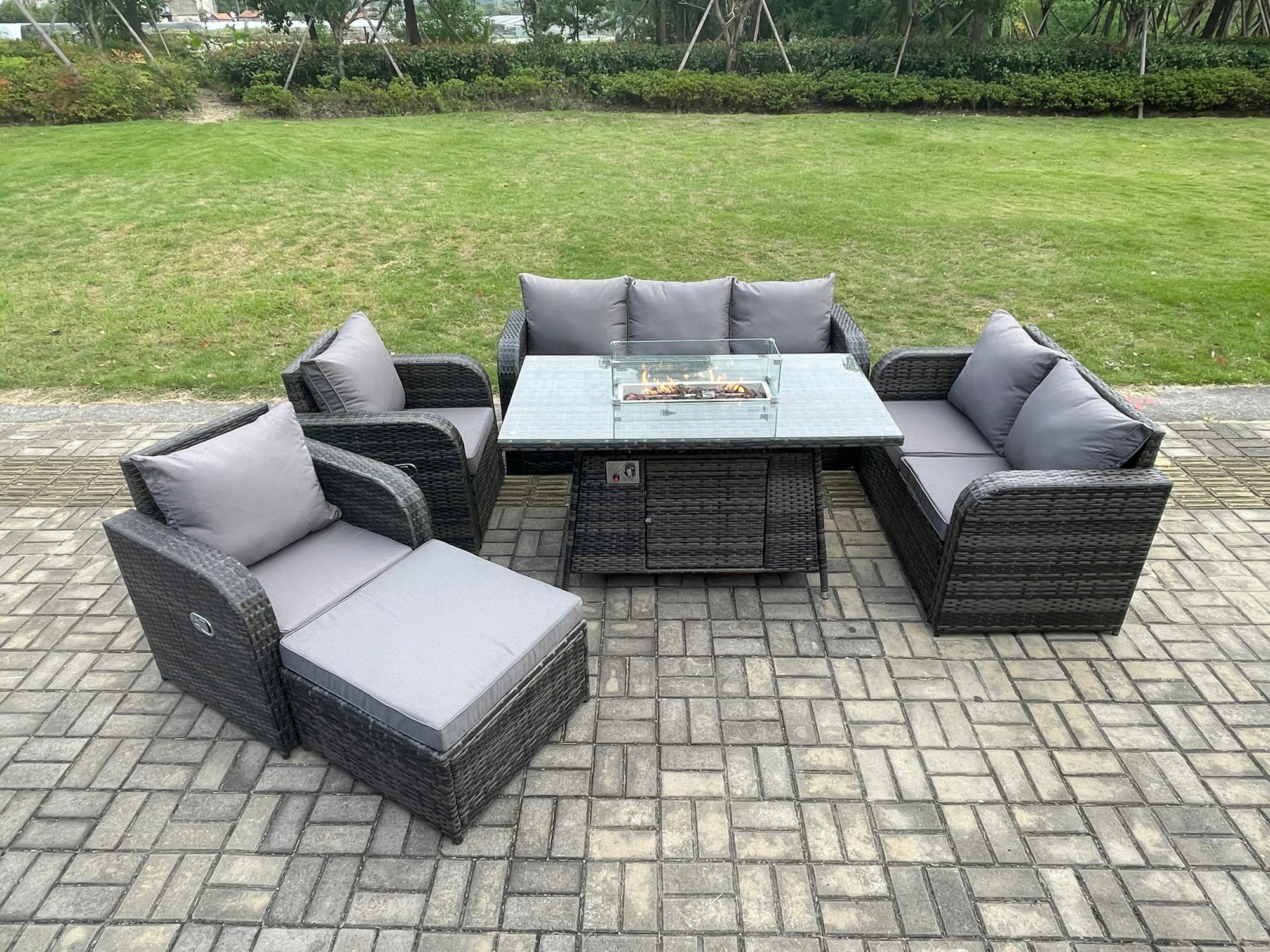 Fimous Dark/Grey Pe Wicker Outdoor Rattan Garden Furniture Set Propane Gas Fire Pit Table And Sofa Chair Set With Big Footstool
