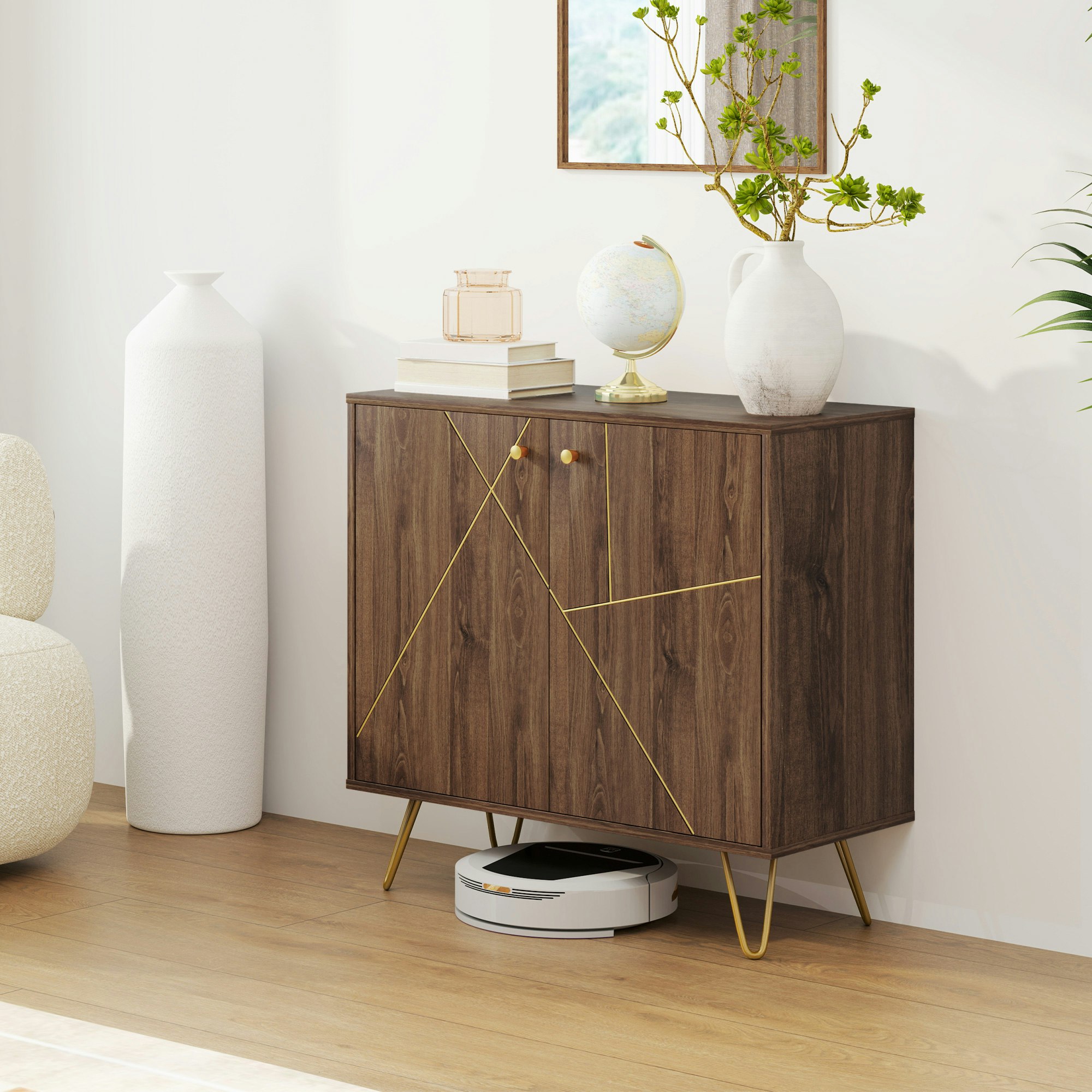 Homcom Brown Sideboard Storage Cabinet With Luxurious Steel Lines Steel Legs