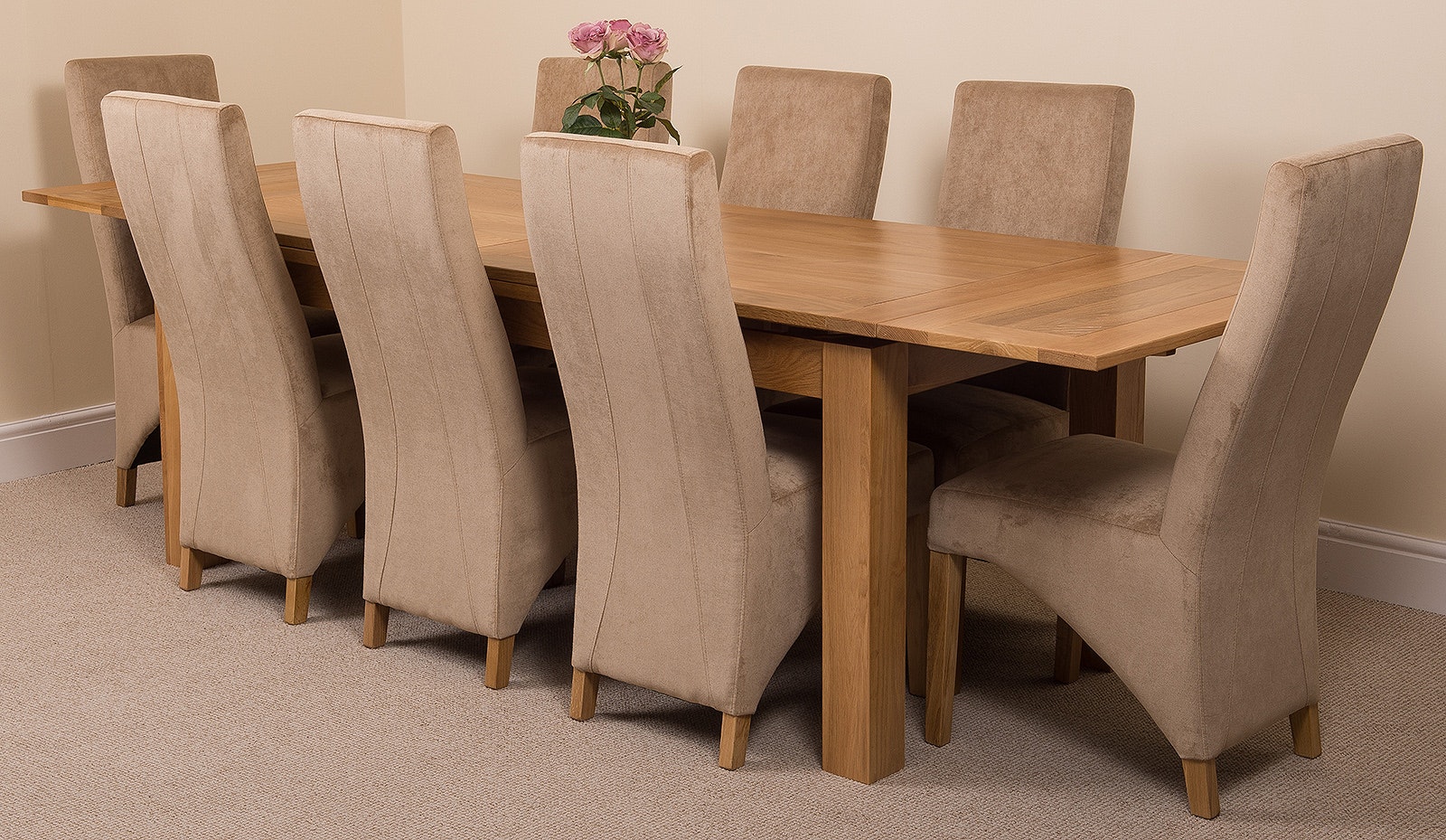 Rackhams Beige Richmond Large Oak Extending Dining Table With Lola Fabric Chairs - 8 Chairs
