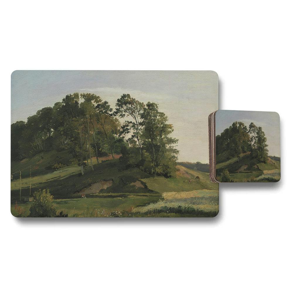 Benjamin Tate Design Green/Brown/Blue Landscape Placemats And Coasters Set With Tree Hill Scene Artwork