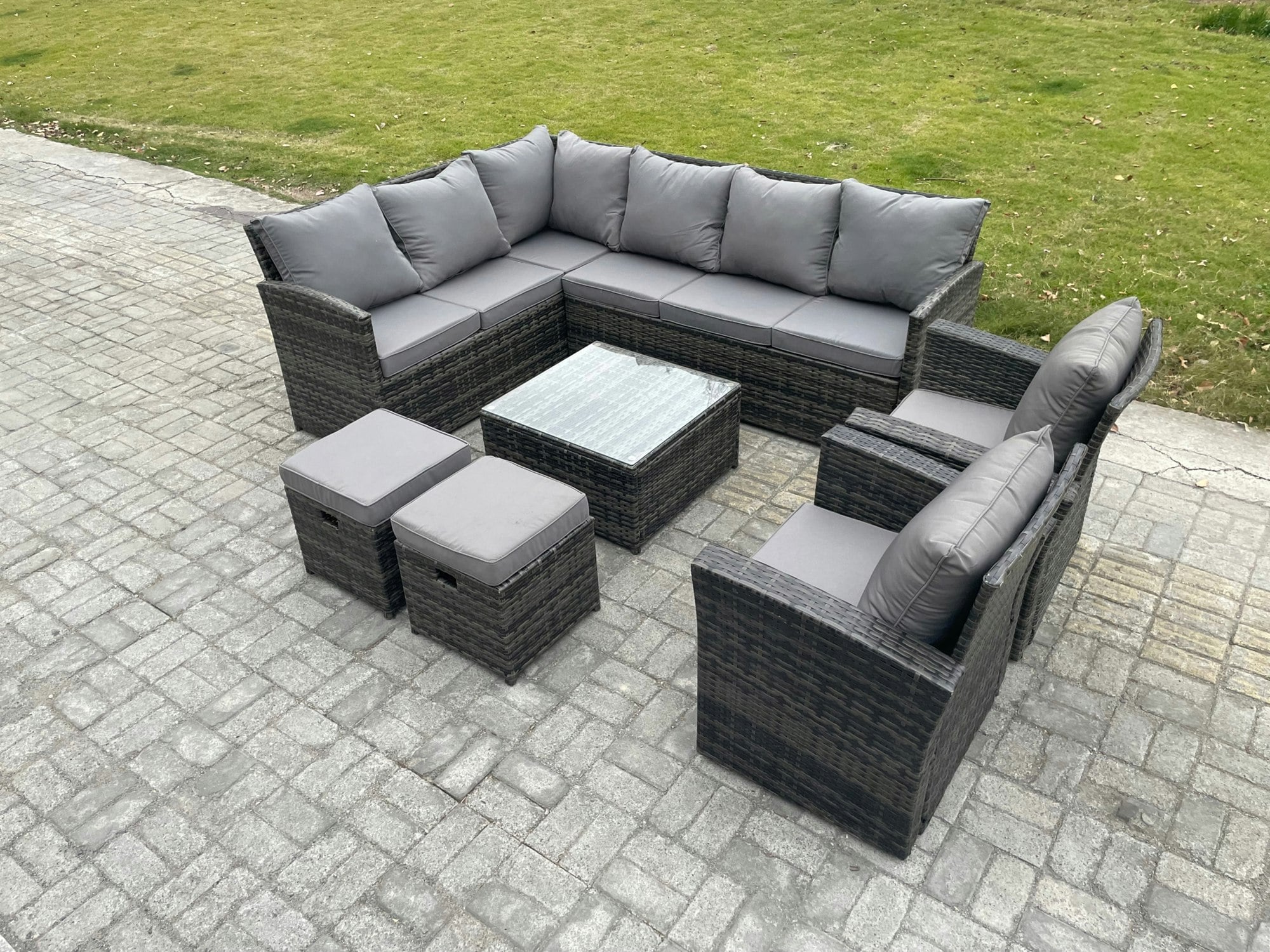 Fimous Dark/Grey 10 Seater Outdoor Garden Furniture Set Wicker Pe Rattan Corner Sofa Set With Square Coffee Table 2 Small Footstools 2 Armchairs Mixed