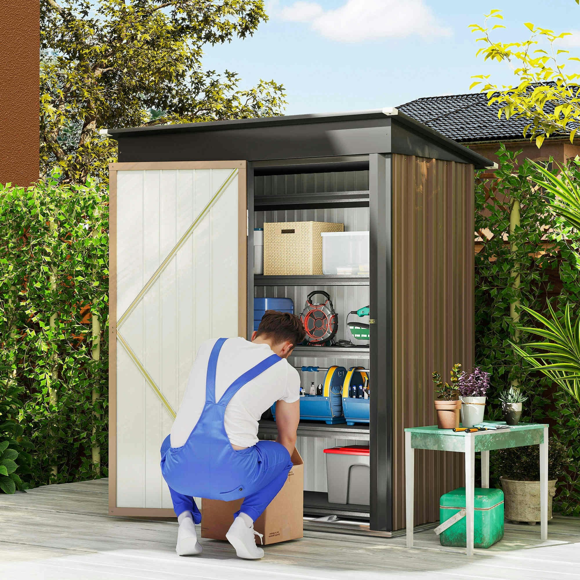 Outsunny Brown Steel Garden Shed, Small Lean-To Shed For Bike, 5X3 Ft