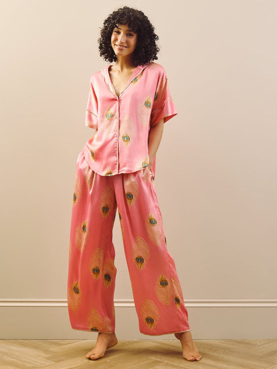 Their Nibs Women's Pink/Gold Satin Oversize Pyjamas Peacock Feather - Xxl / 20-22