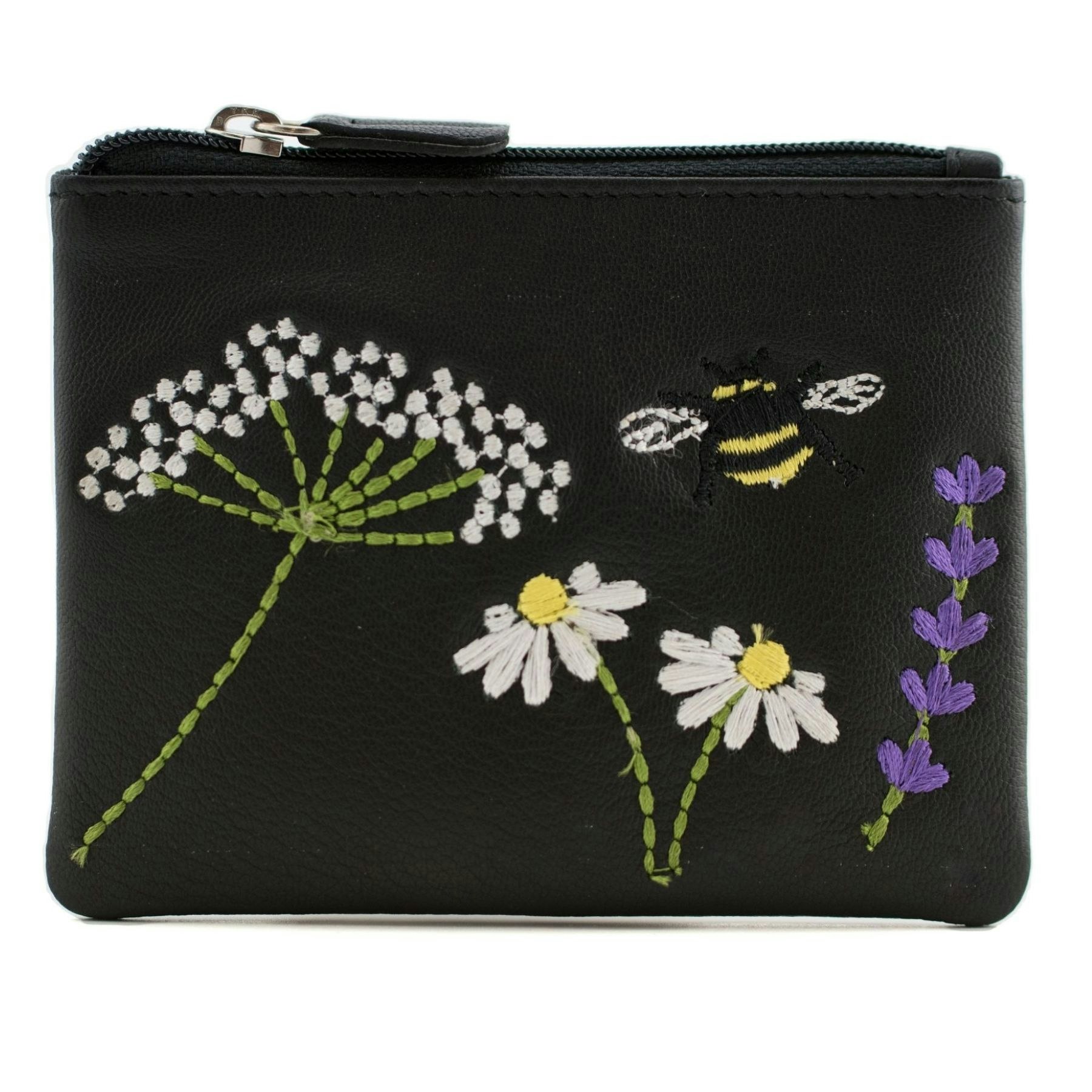 Mala Leather Black Embroidered Blossom Bee & Daisy Leather Coin Purse