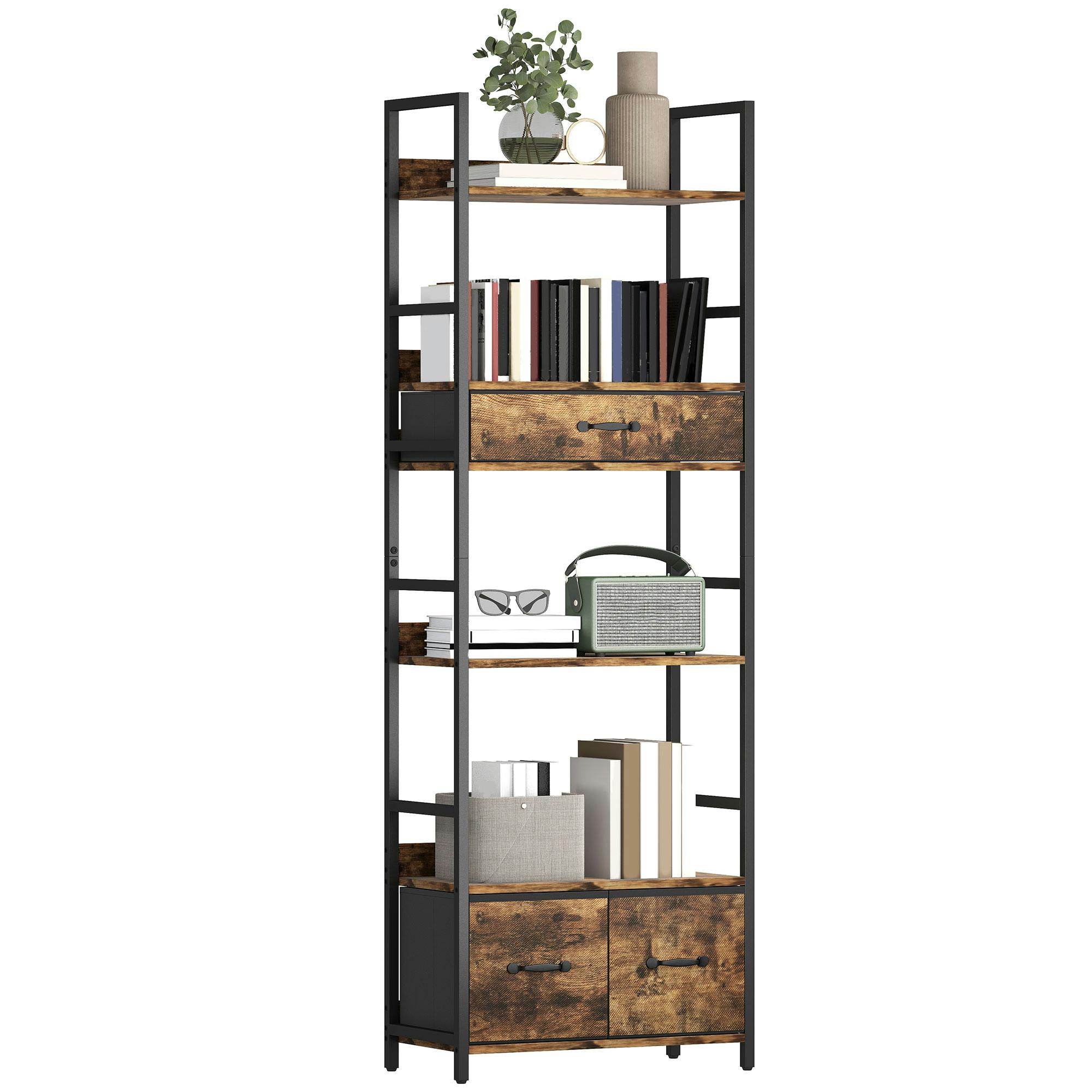 Rackhams Brown Industrial Bookshelf With 4 Shelves And 3 Fabric Drawers Rustic - Rustic