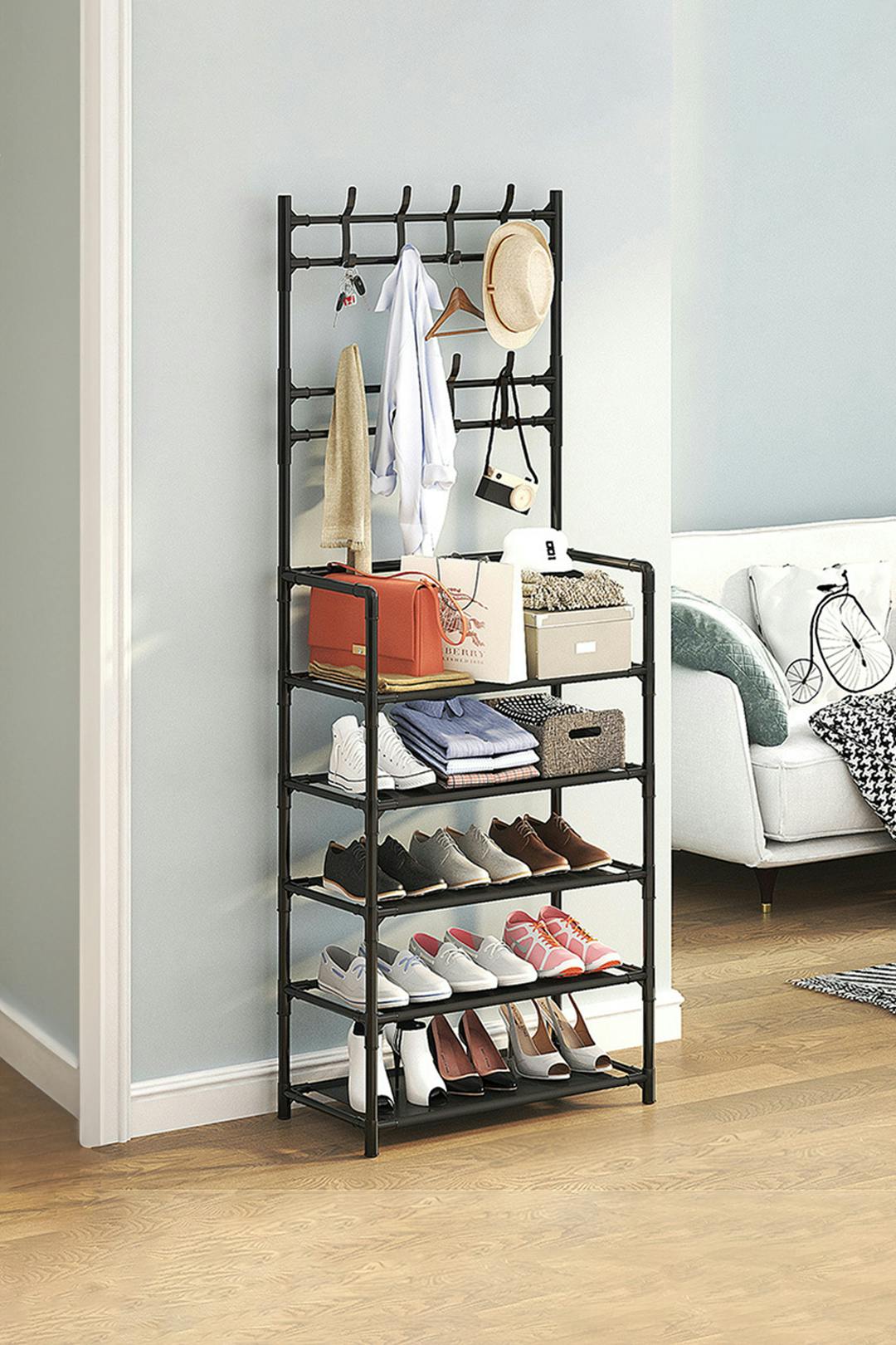 Rackhams Black 5-Tier Shoe Rack Garment Rack With Coat Hanger 60*175Cm - One Size
