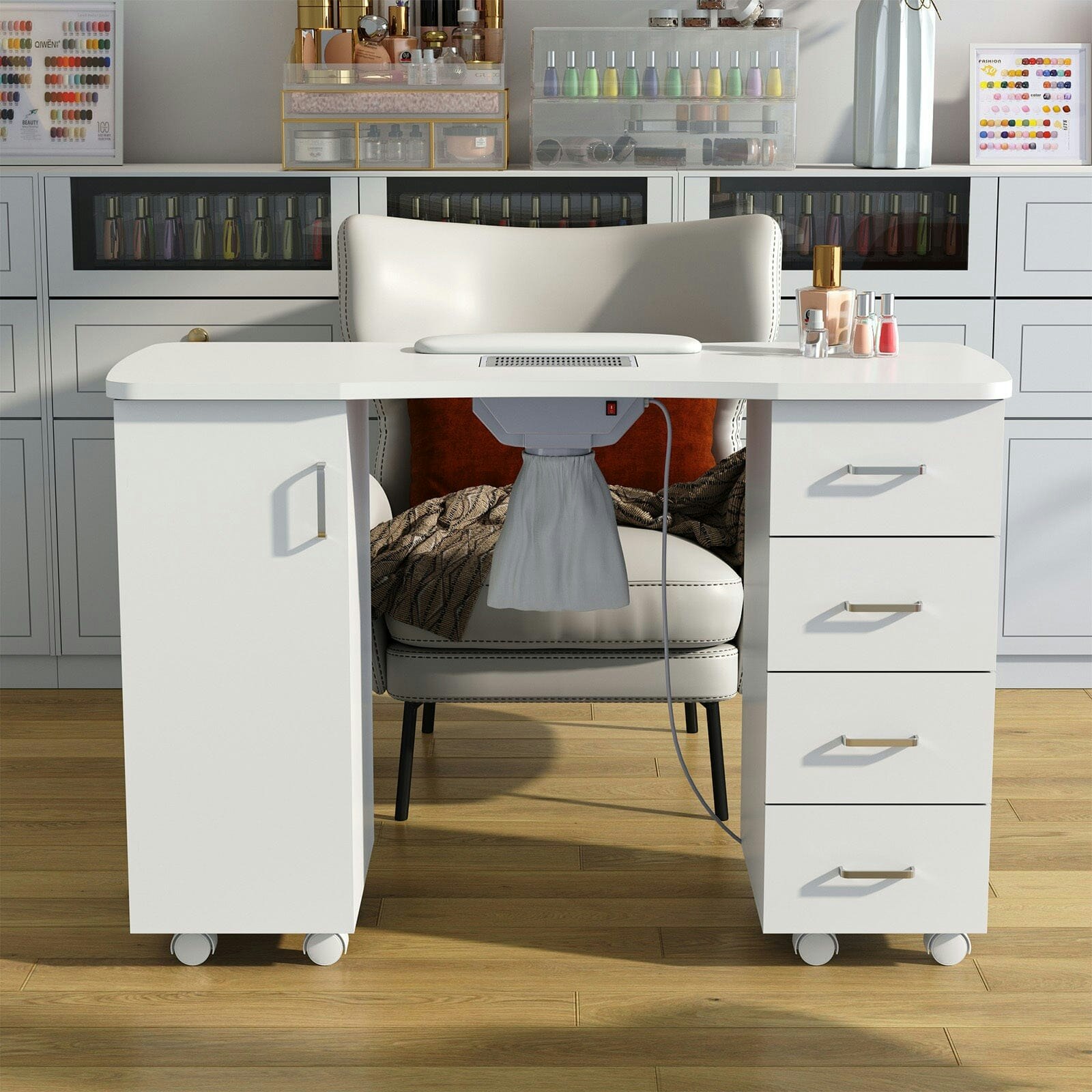 Rackhams White 4Ft Wide Manicure Table With Dust Collector And Wrist Cushion